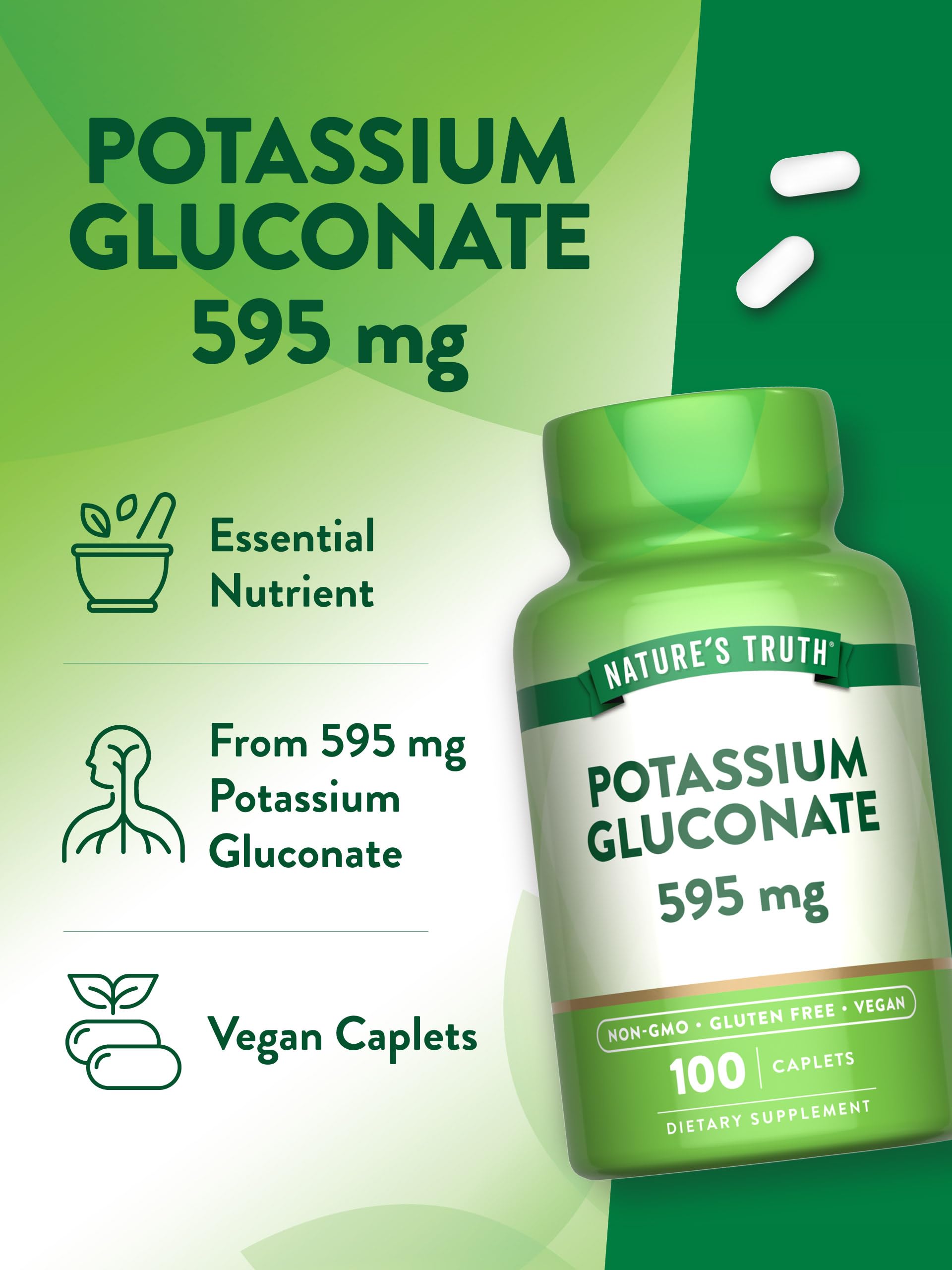Caplets Nature's Truth Potassium Gluconate sans OGM et sans allergènes majeurs.