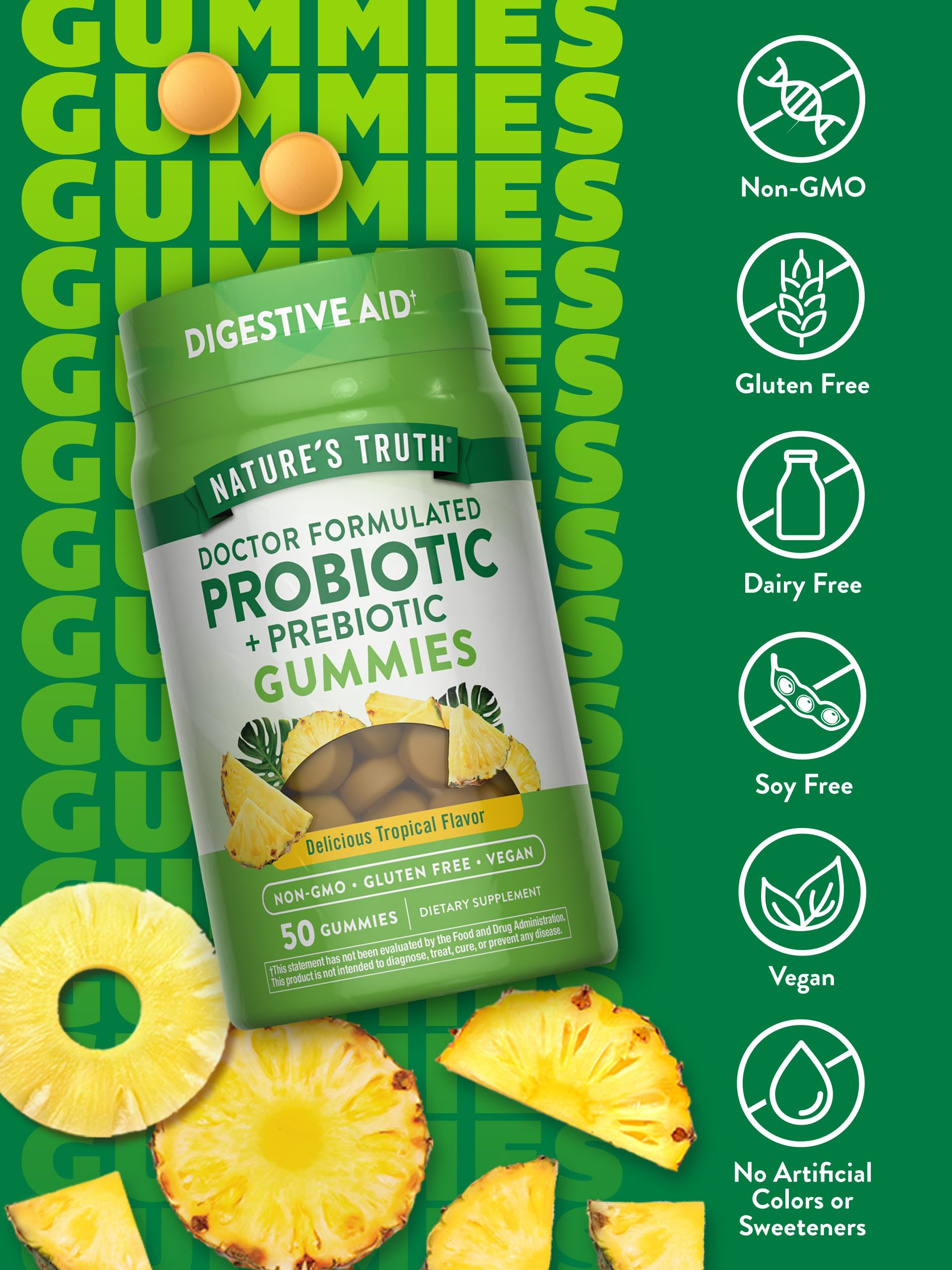 Gummies probiotiques Nature's Truth avec prébiotiques inclus, soutien potentiel du confort intestinal.