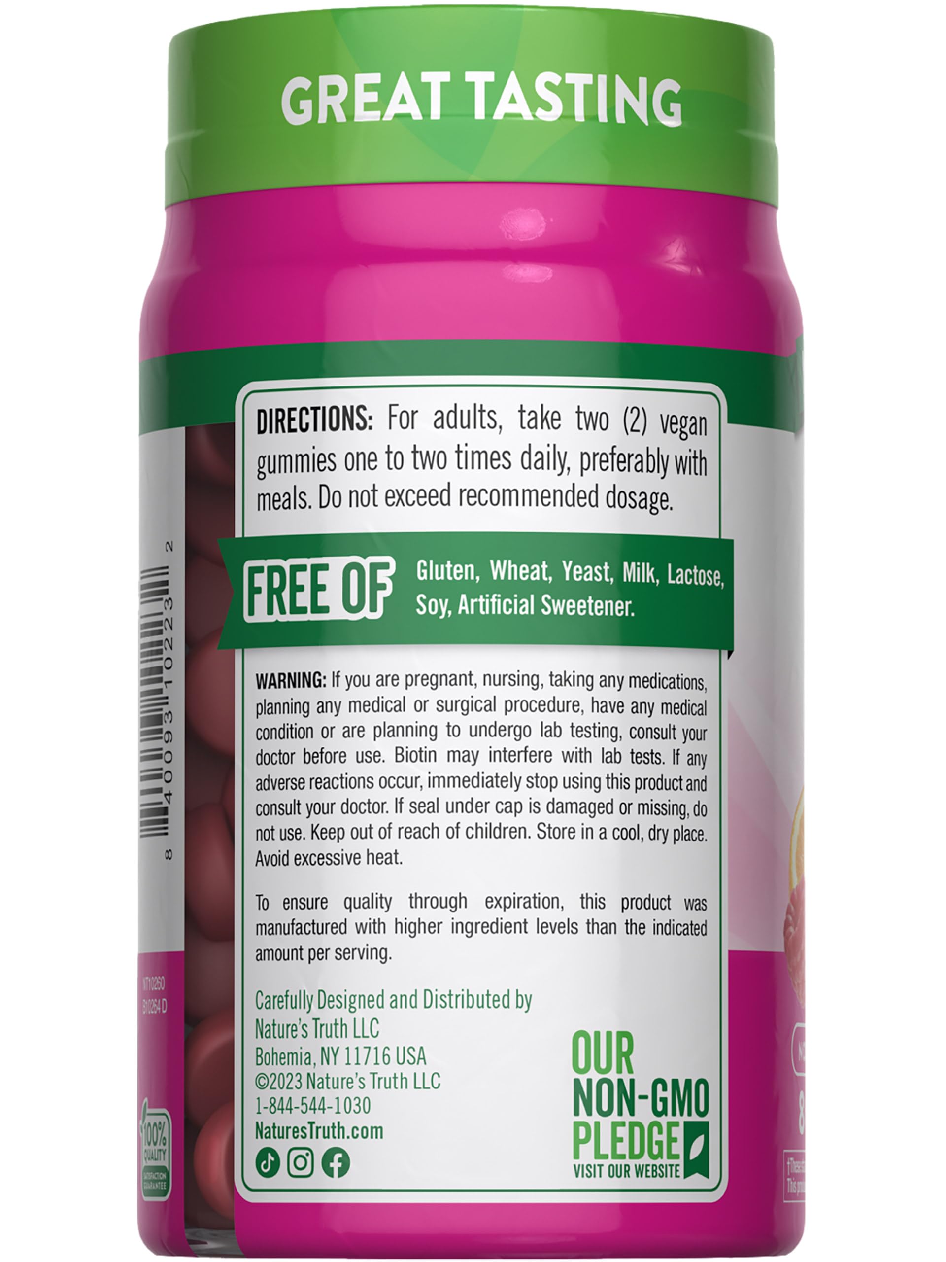 Étiquette claire Nature's Truth, sans allergènes et promesse transparente.