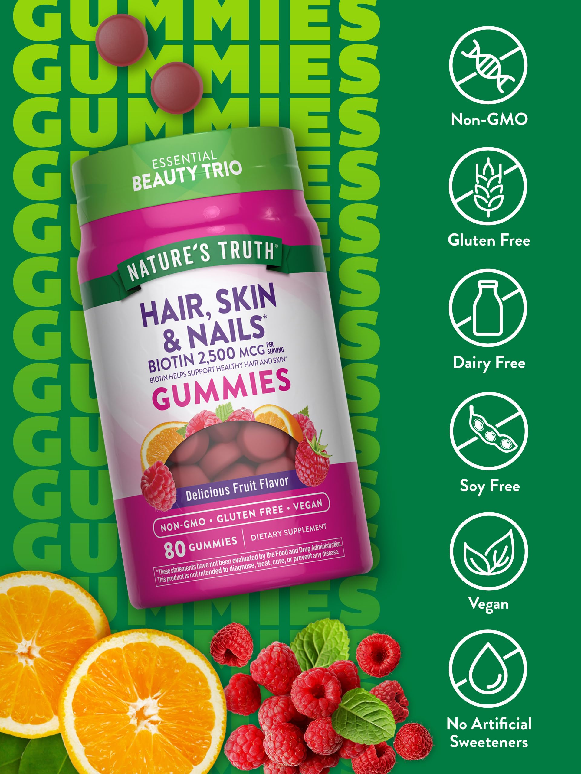 Gommes saveur fruitée Nature's Truth, compléments véganes sans gluten.