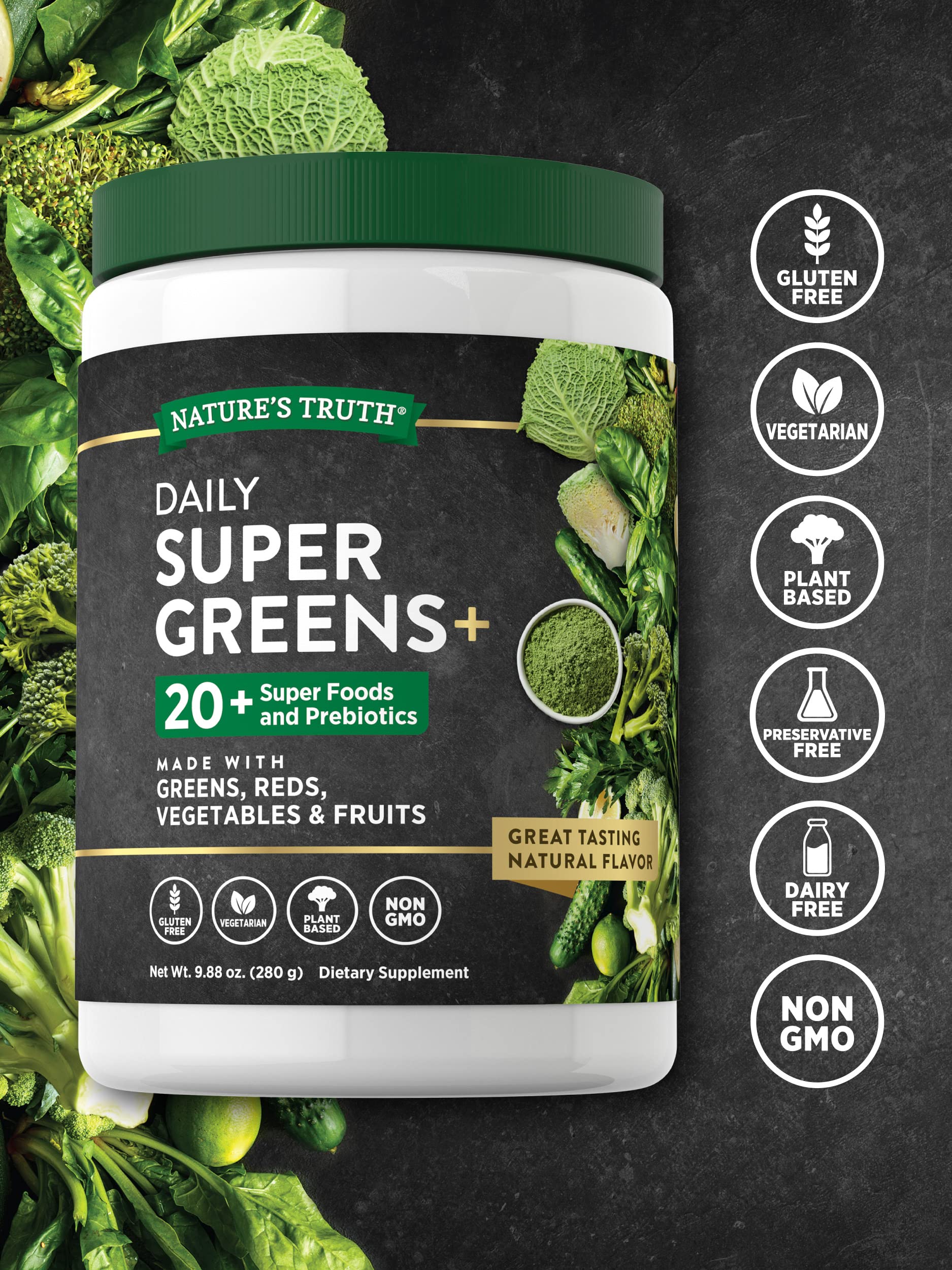 Nature's Truth Super Greens cuillere : dosage simple pour smoothies et jus.