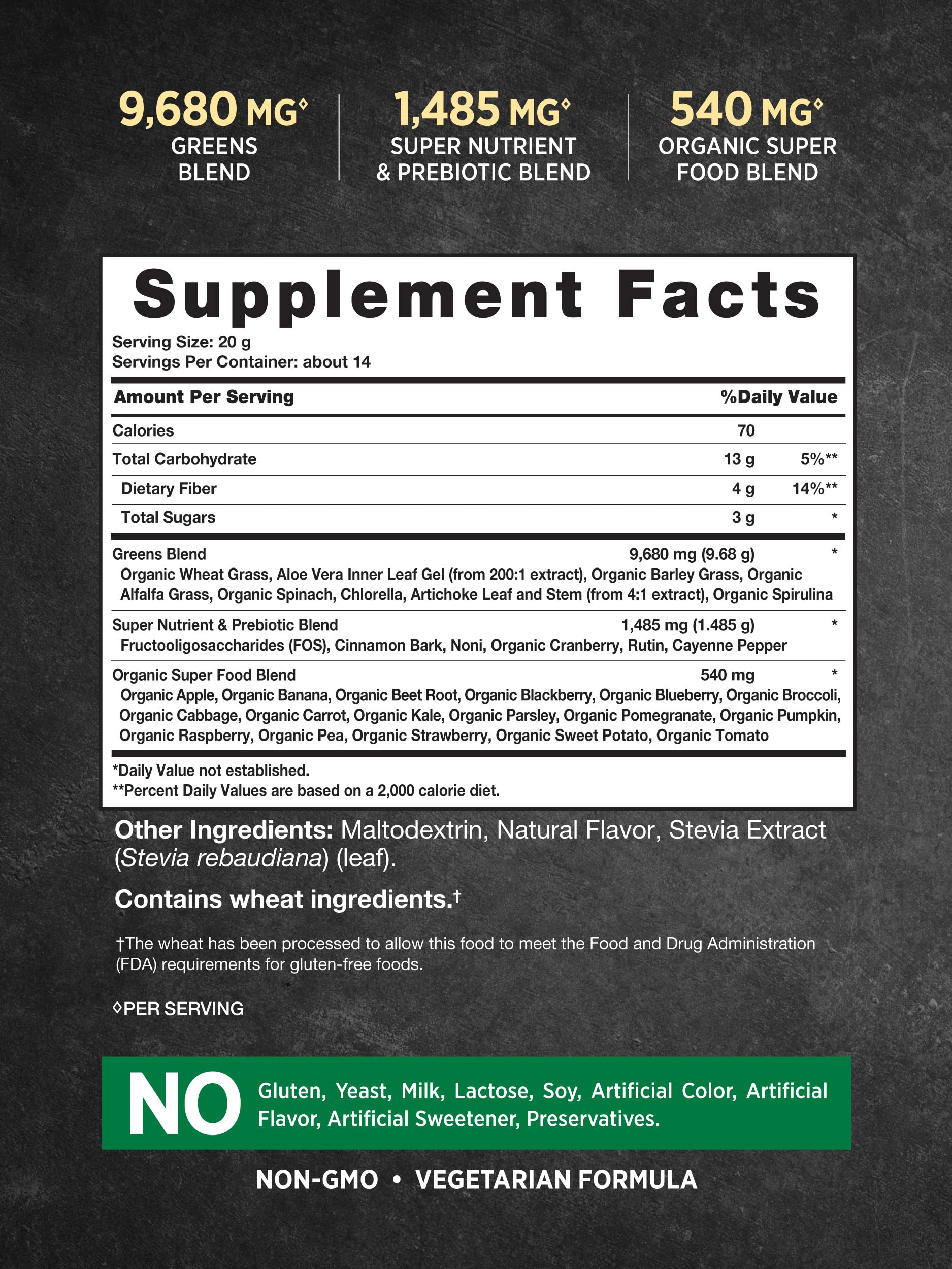 Nature's Truth Super Greens ingrédients : aperçu des super-aliments et prébiotiques.