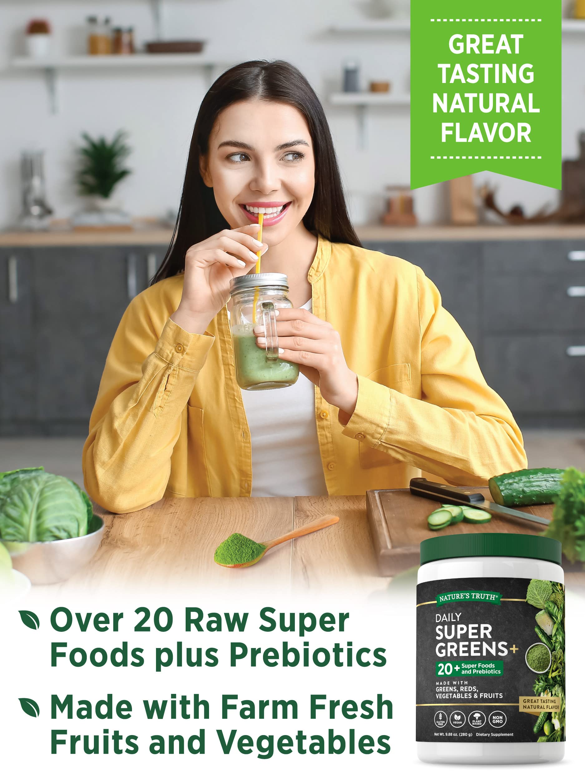 Nature's Truth Super Greens préparation smoothie : mélange rapide et pratique.