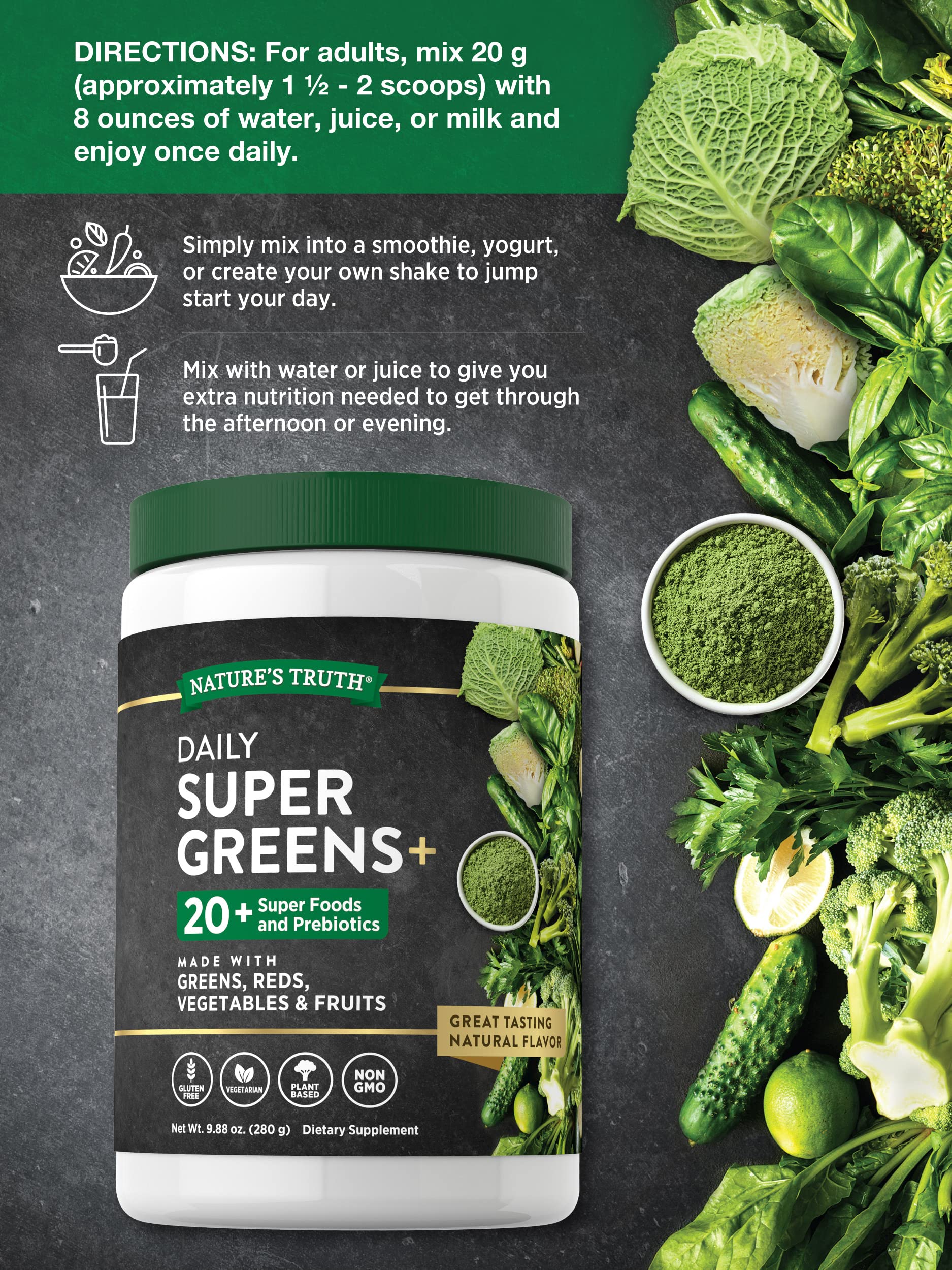 Nature's Truth Super Greens verre-mixer : prêt à mélanger dans un shaker.