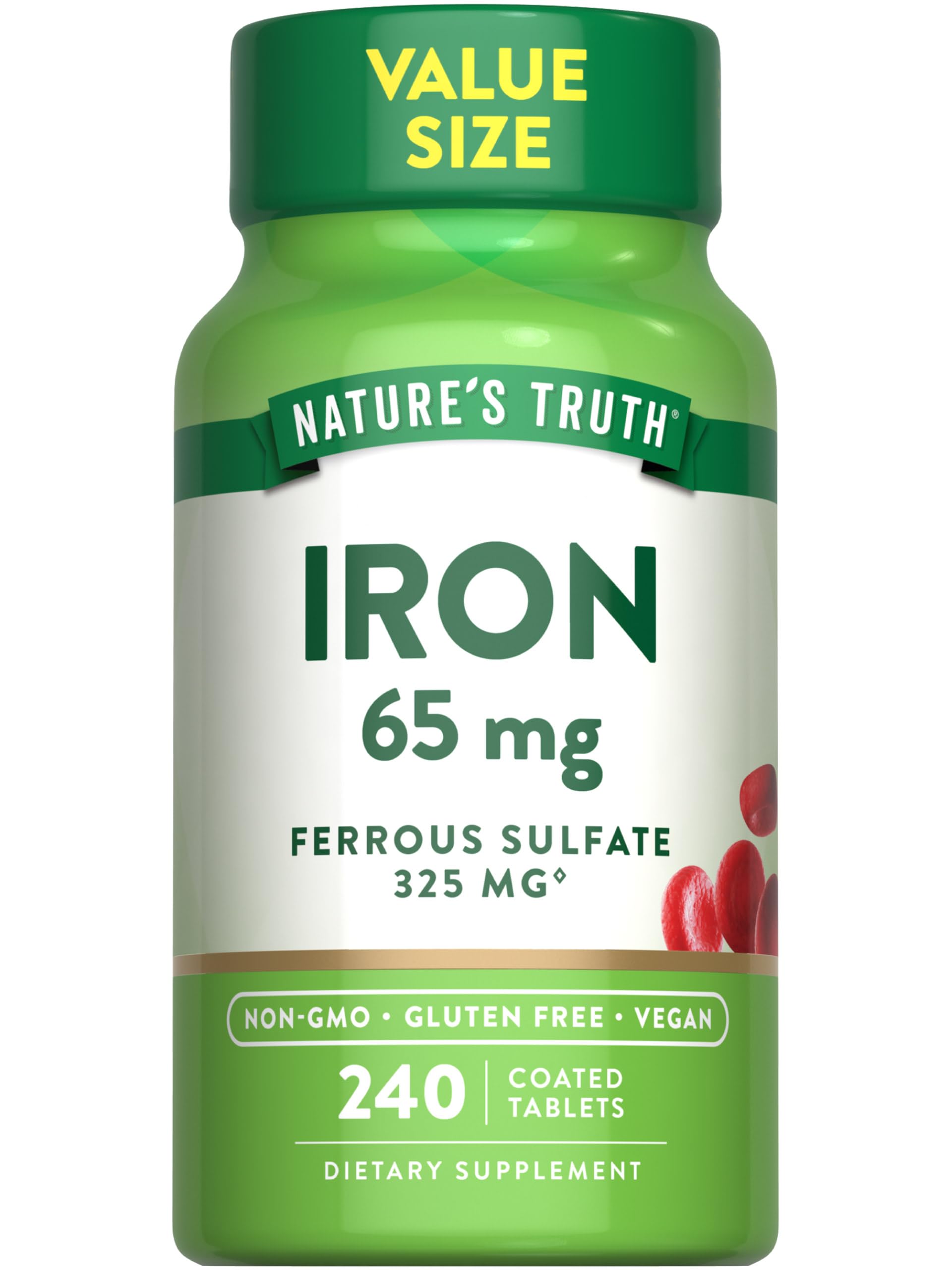 Nature's Truth, bouteille de tablettes fer 65 mg, pratique et durable.