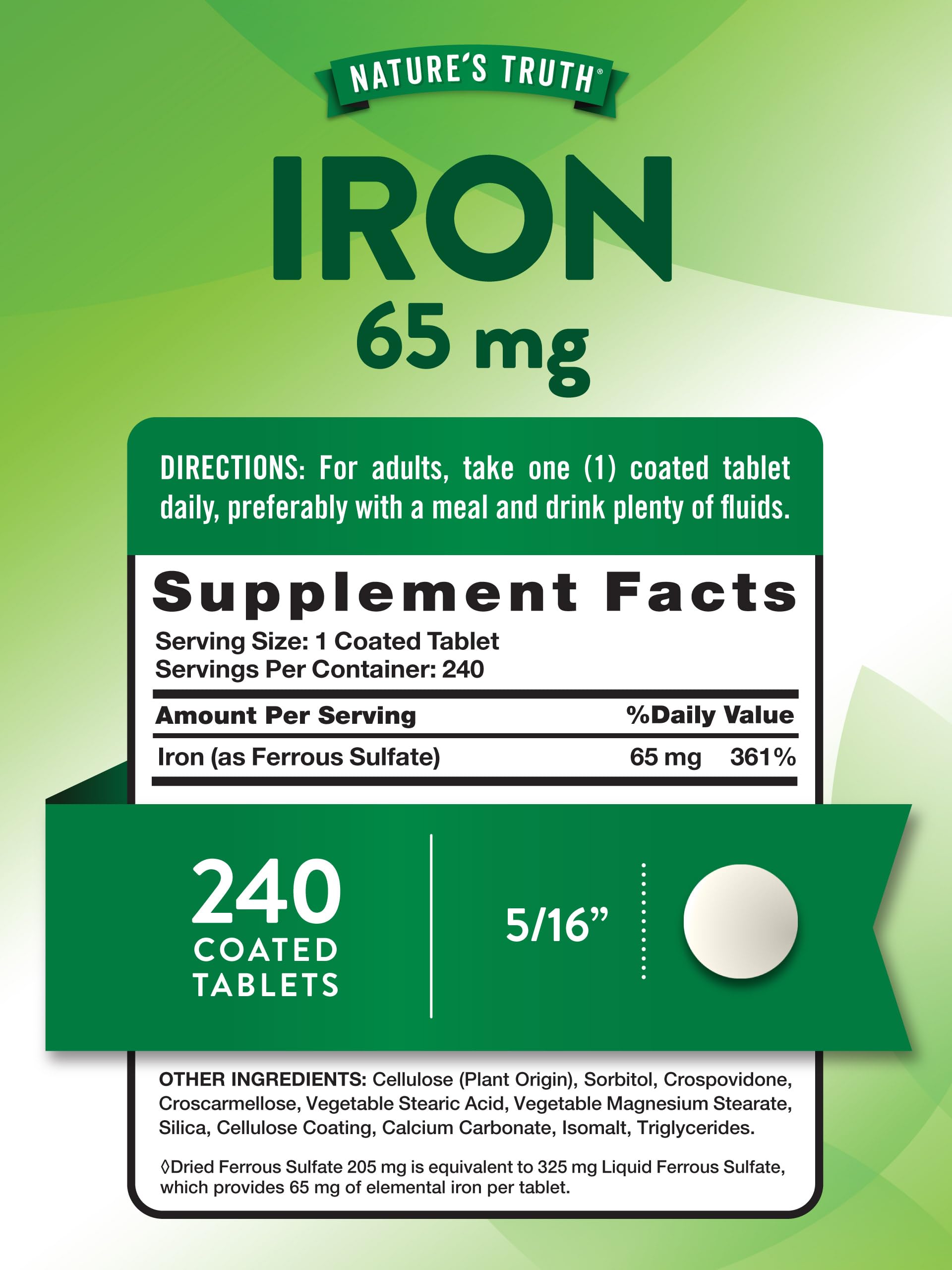 Nature's Truth, tablette fer 65 mg pour une dose quotidienne pratique.