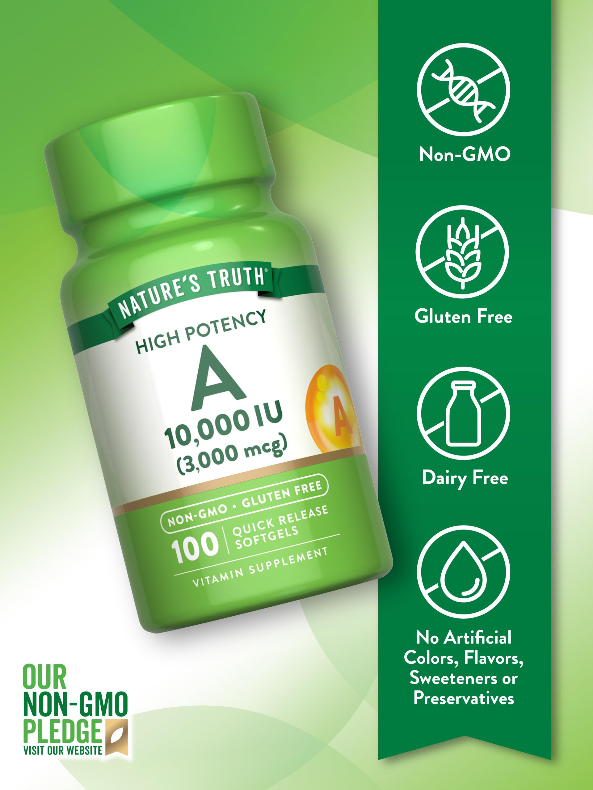 Nature's Truth Vitamine A 10000 UI — sans gluten et sans OGM pour vos choix nutritionnels.