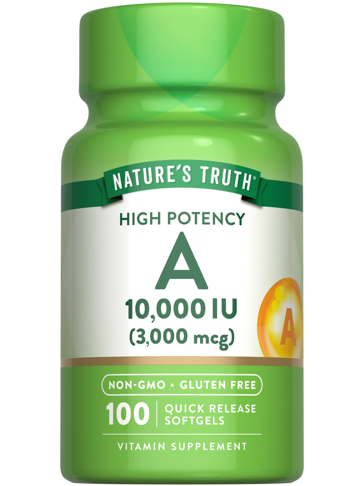 Nature's Truth Vitamine A 10000 UI — flacon gélules molles faciles à avaler au quotidien.