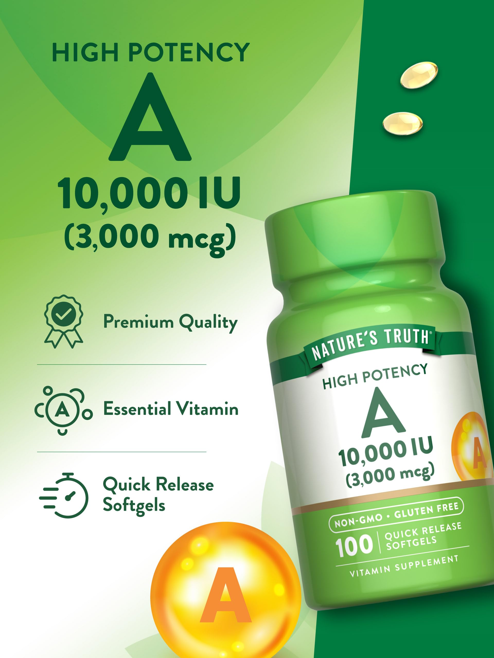 Nature's Truth Vitamine A 10000 UI — 100 gélules pour une prise pratique.
