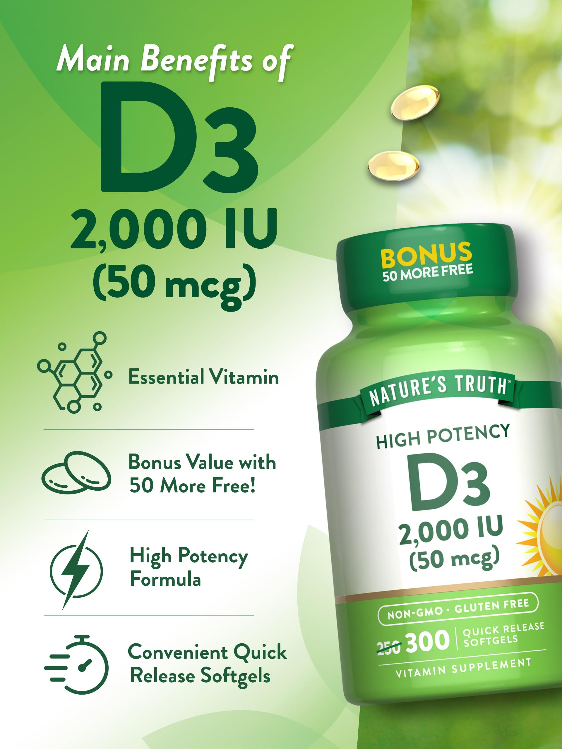 Bouchon facile à ouvrir Nature's Truth Vitamine D3 2000 UI.