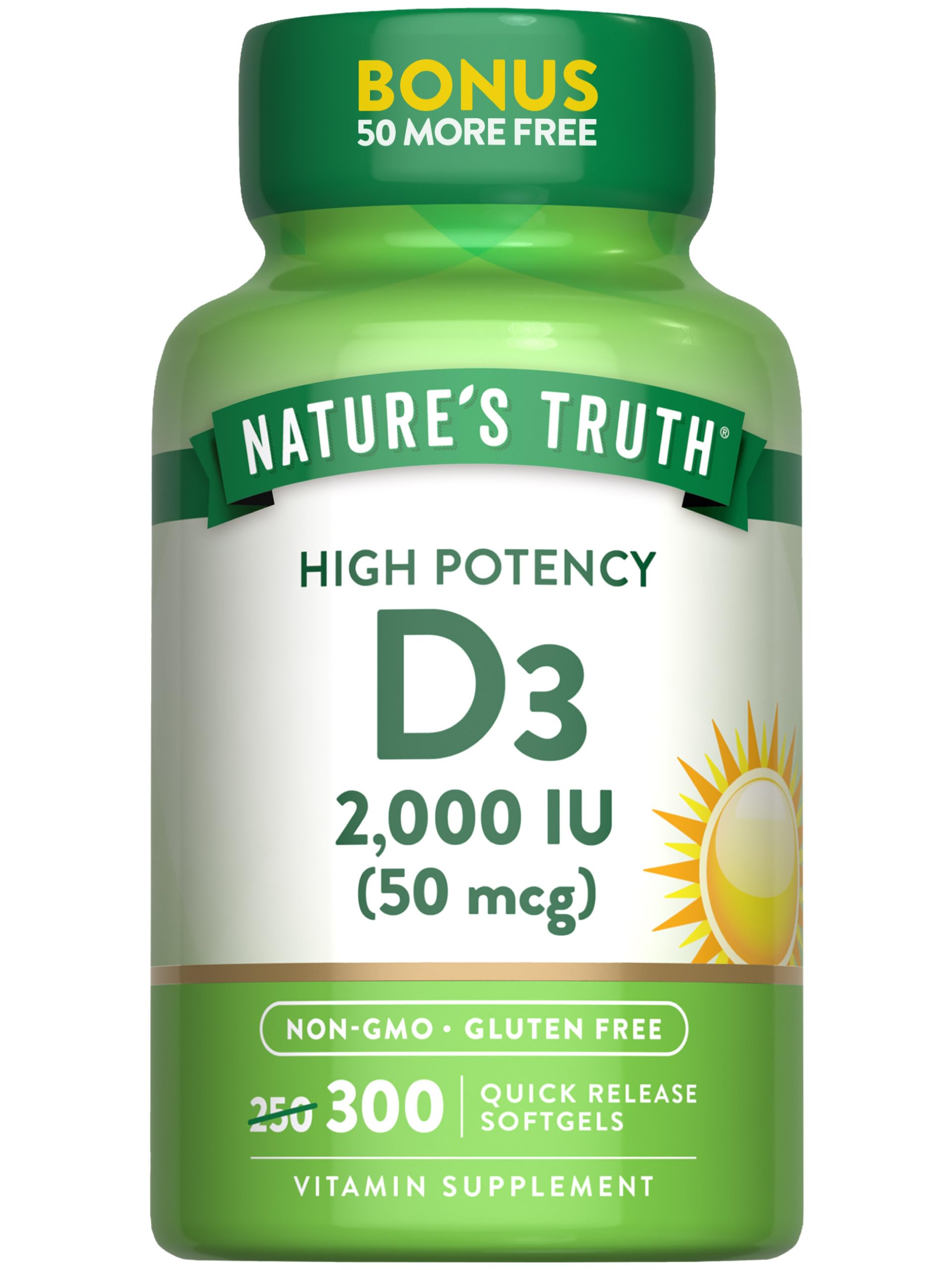 Nature's Truth Vitamine D3 2000 UI – bouteille de 300 gélules pour usage quotidien pratique.