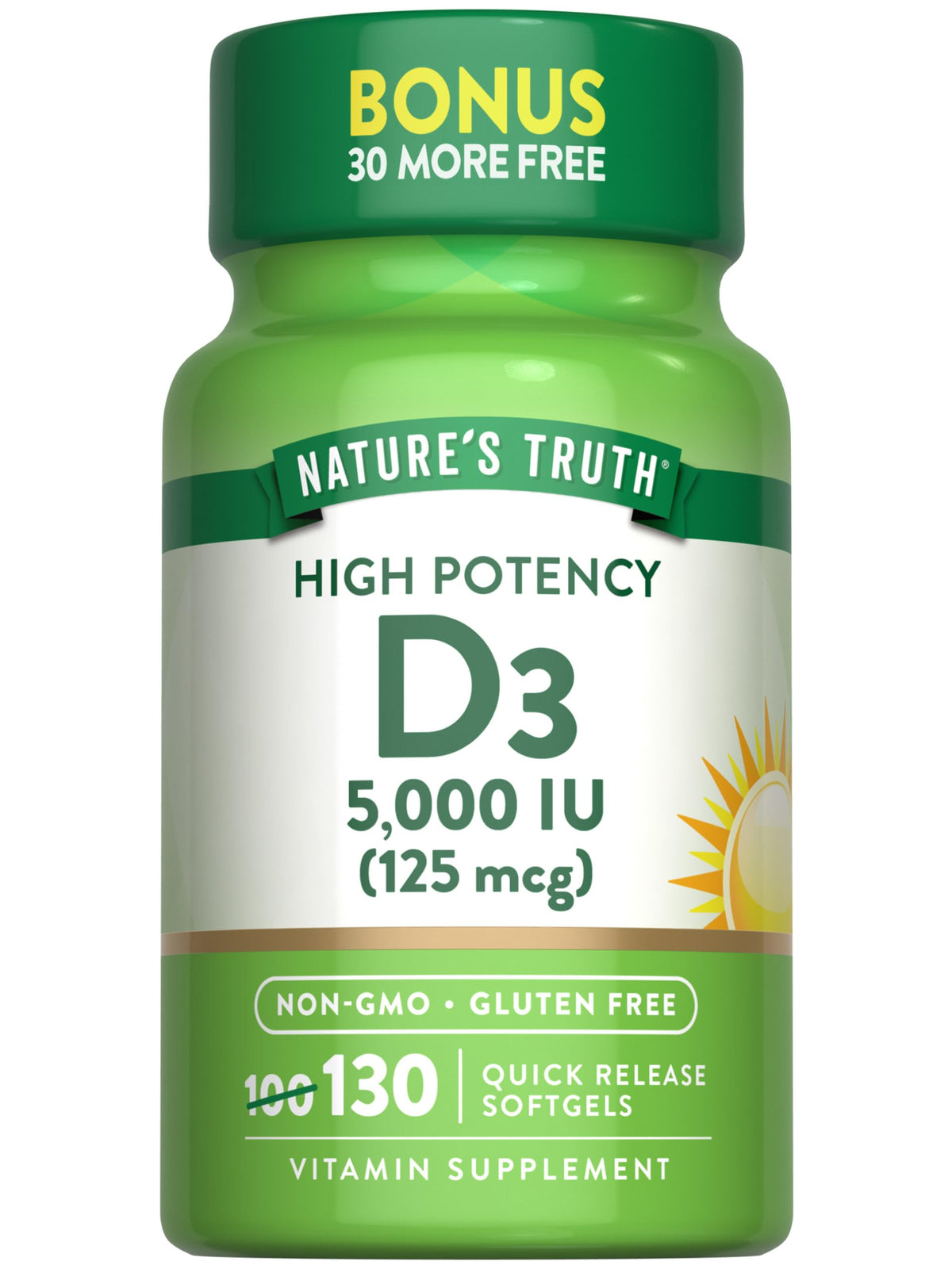 Nature's Truth D3 5000 UI gélules dans bouteille, pratique pour la routine quotidienne.