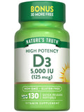 Nature's Truth D3 5000 UI gélules dans bouteille, pratique pour la routine quotidienne.
