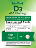 Nature's Truth vitamine D3 – étiquette claire indiquant la formulation végétarienne et les bénéfices