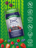Etiquette Nature's Truth Zinc Gummies montrant sans gluten et sans OGM.