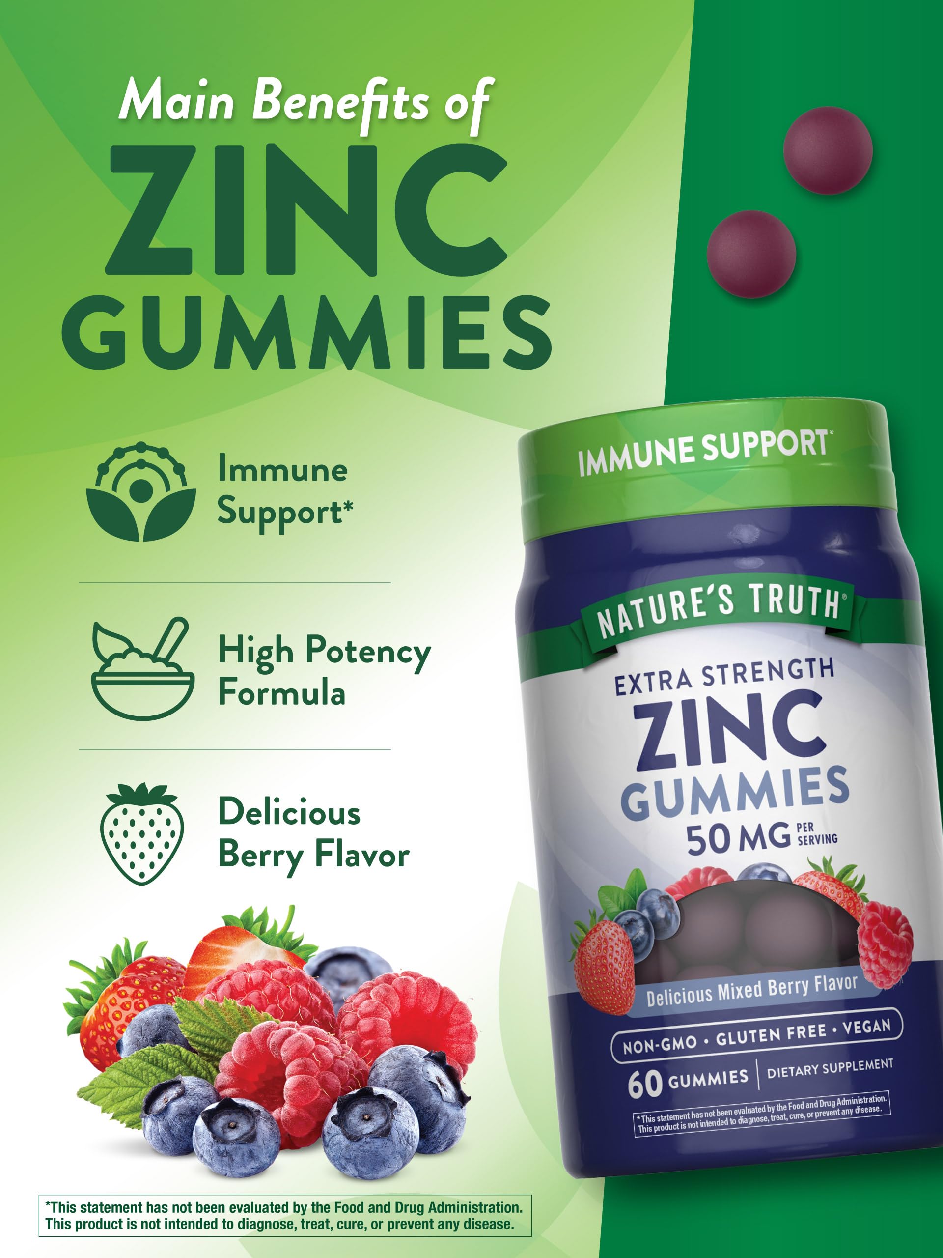 Nature's Truth Zinc Gummies vegan, sans ingrédients d'origine animale.
