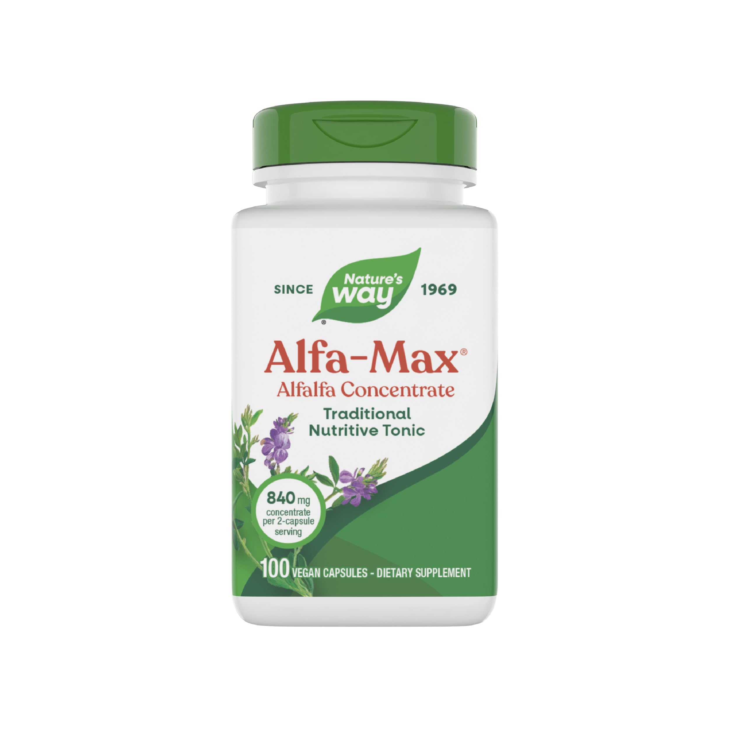 Nature's Way Alfa-Max – bouteille d'alfalfa pour un apport quotidien pratique.