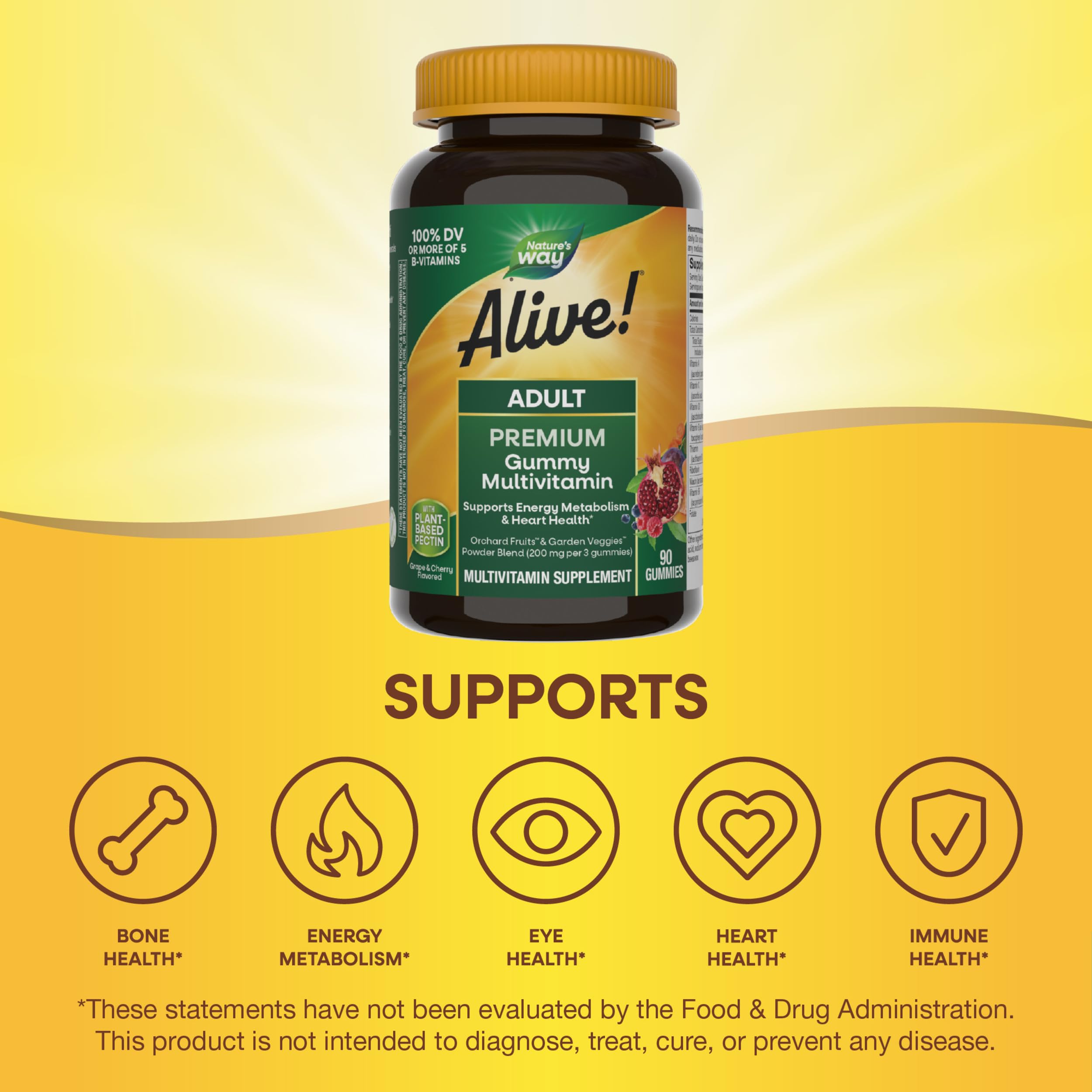 Nature's Way Alive! gommes – étiquette montrant vitamines essentielles et bénéfices potentiels.