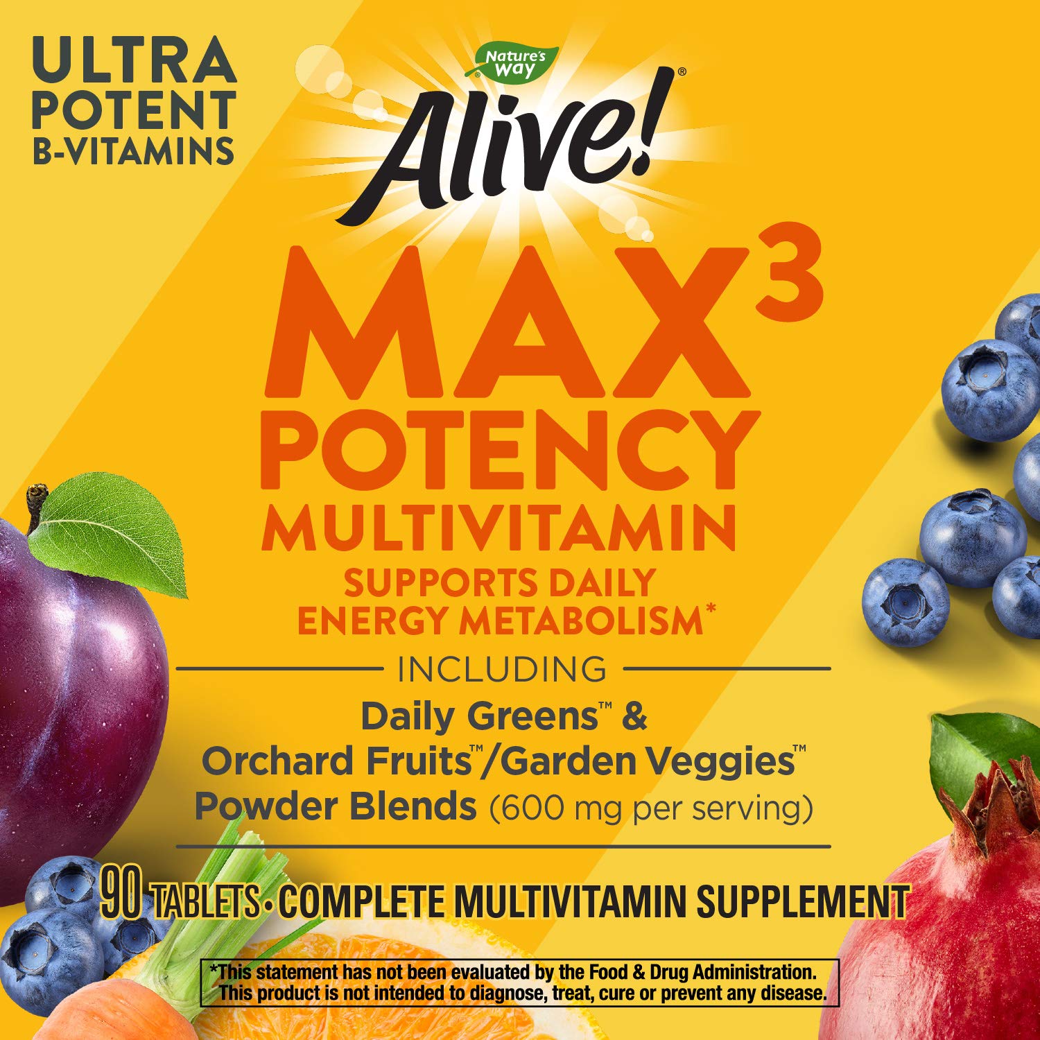 Étiquette Nature's Way Alive! Max Potency avec informations sur les vitamines utiles au quotidien.