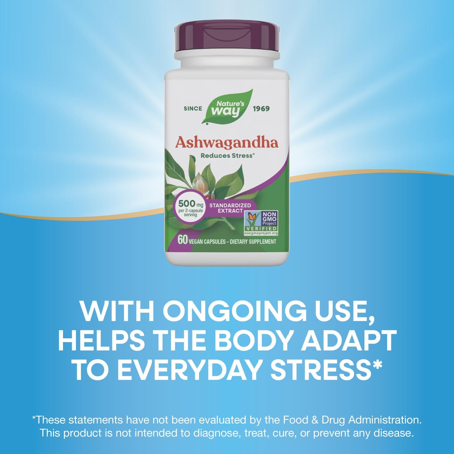 Nature's Way Ashwagandha — forme vegan et sans gluten adaptée à un mode de vie sain.