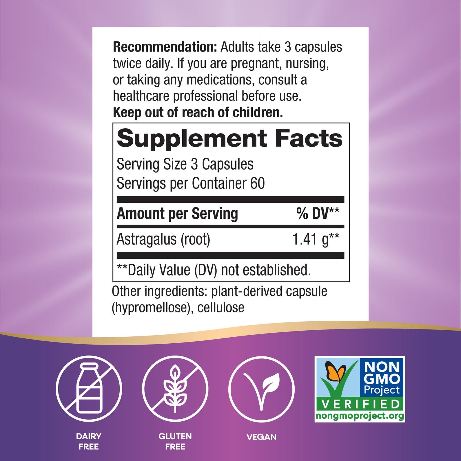 Nature's Way Astragalus racine – gélules vegan sans gluten, présentation pratique.