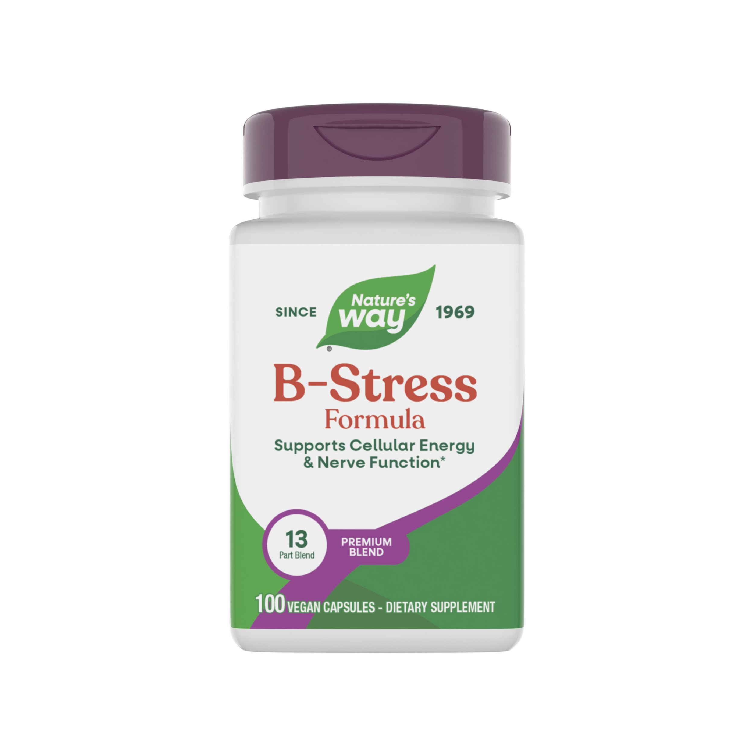 Nature's Way B-Stress: bouteille et étiquette indiquant la formule et les bénéfices potentiels.