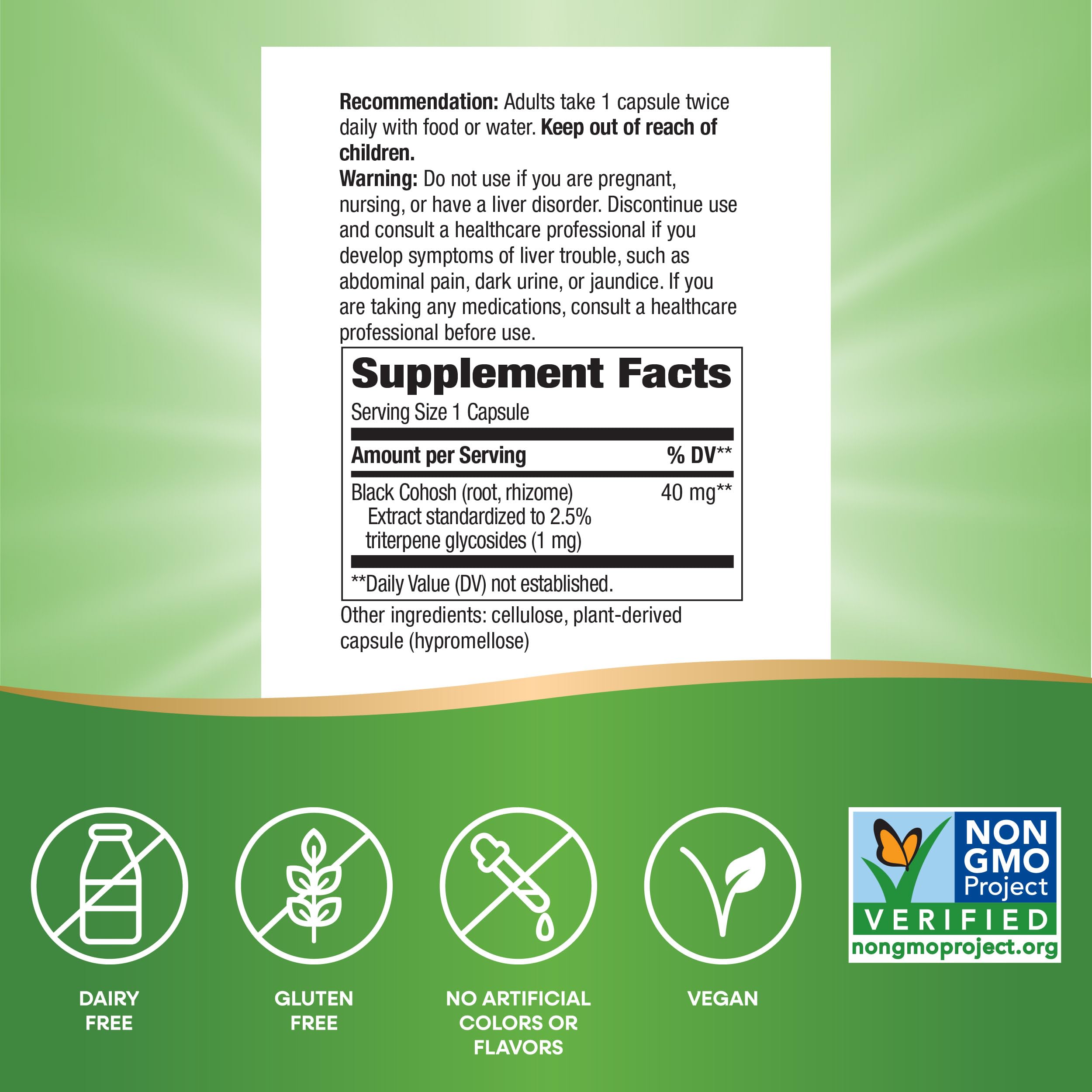 Nature's Way Black Cohosh Premium Extract : étiquette et flacon sur étagère inspirant confiance