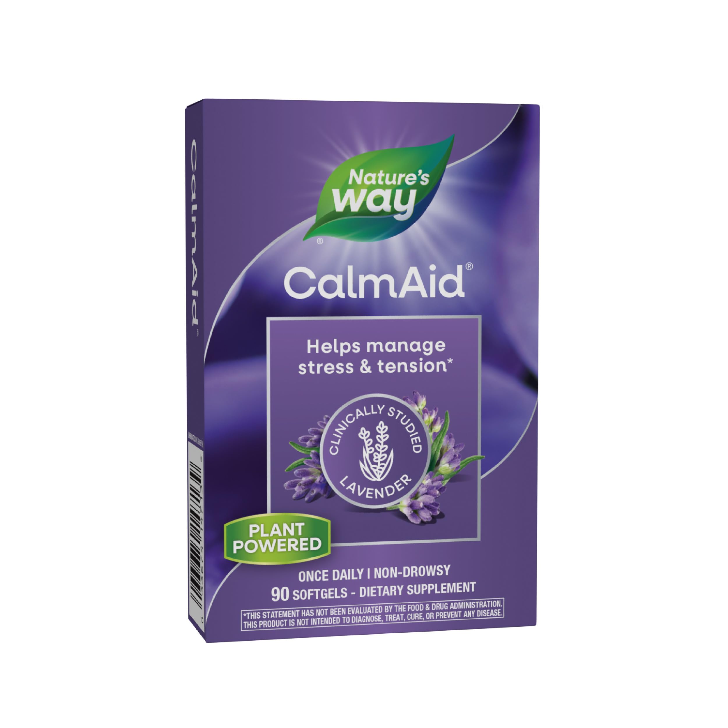 Nature's Way CalmAid – capsules lavande dans bouteille, favorise détente quotidiennement.