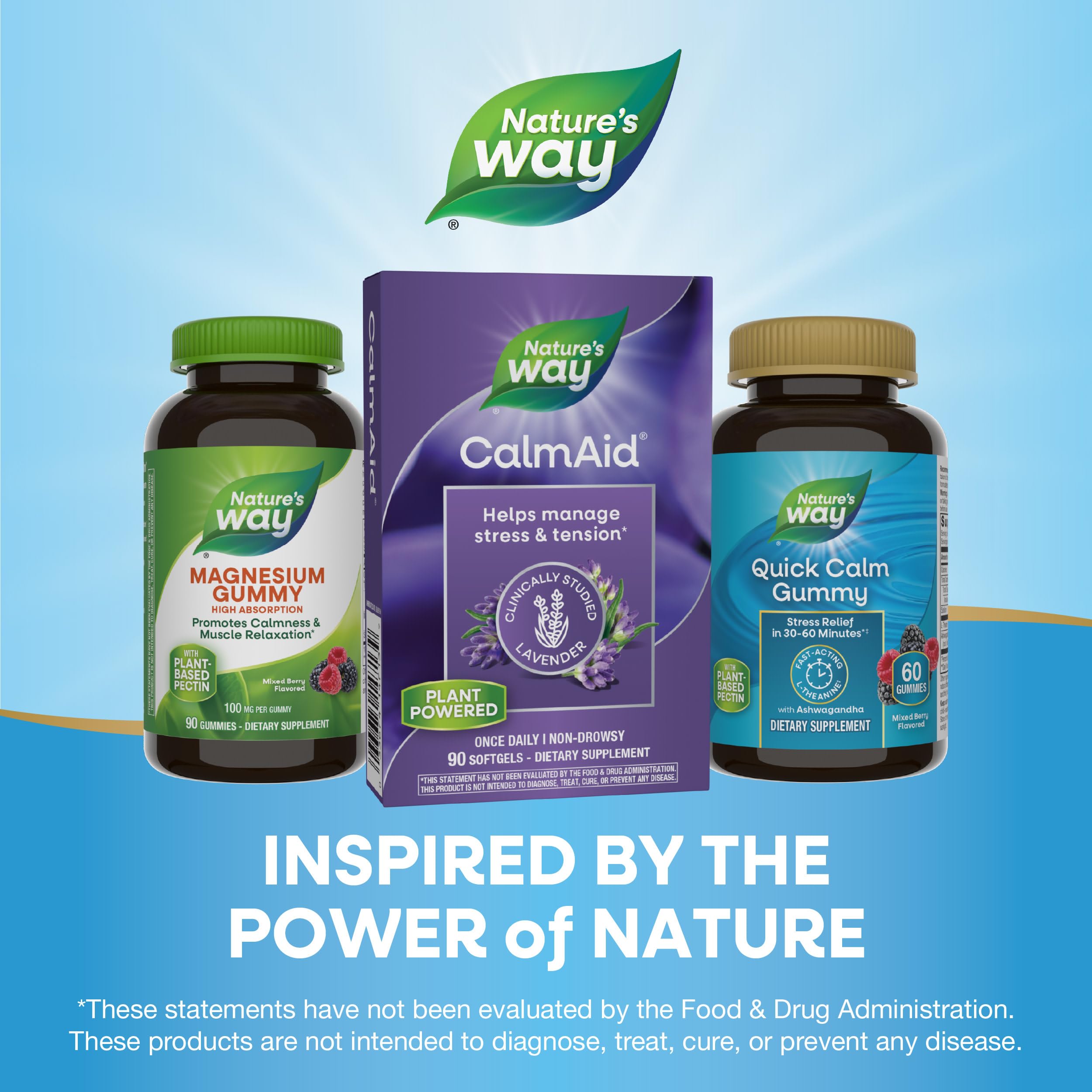 Emballage CalmAid lavande, présentation pratique des capsules Nature's Way.