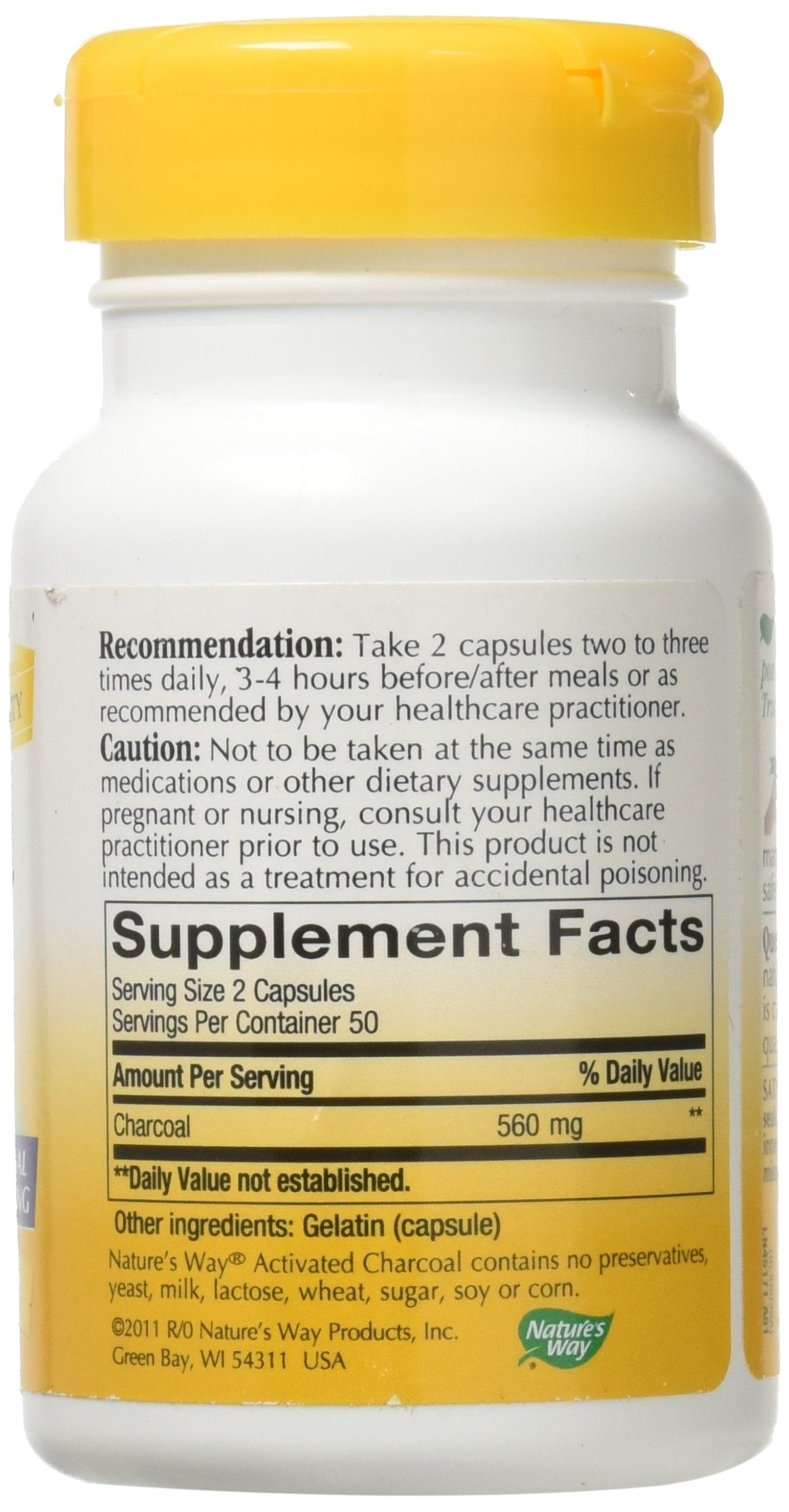 Étiquette Nature's Way Charbon Actif montrant la concentration 560 mg.