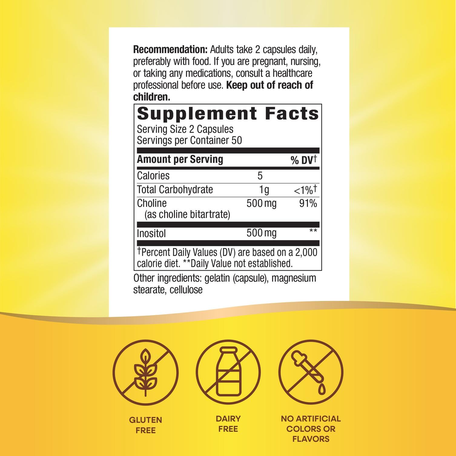 Nature's Way Choline & Inositol – prise quotidienne avec repas, simplicité.