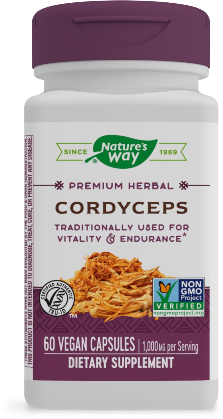 Nature's Way Cordyceps: bouteille illustrant énergie durable et utilisation pratique.