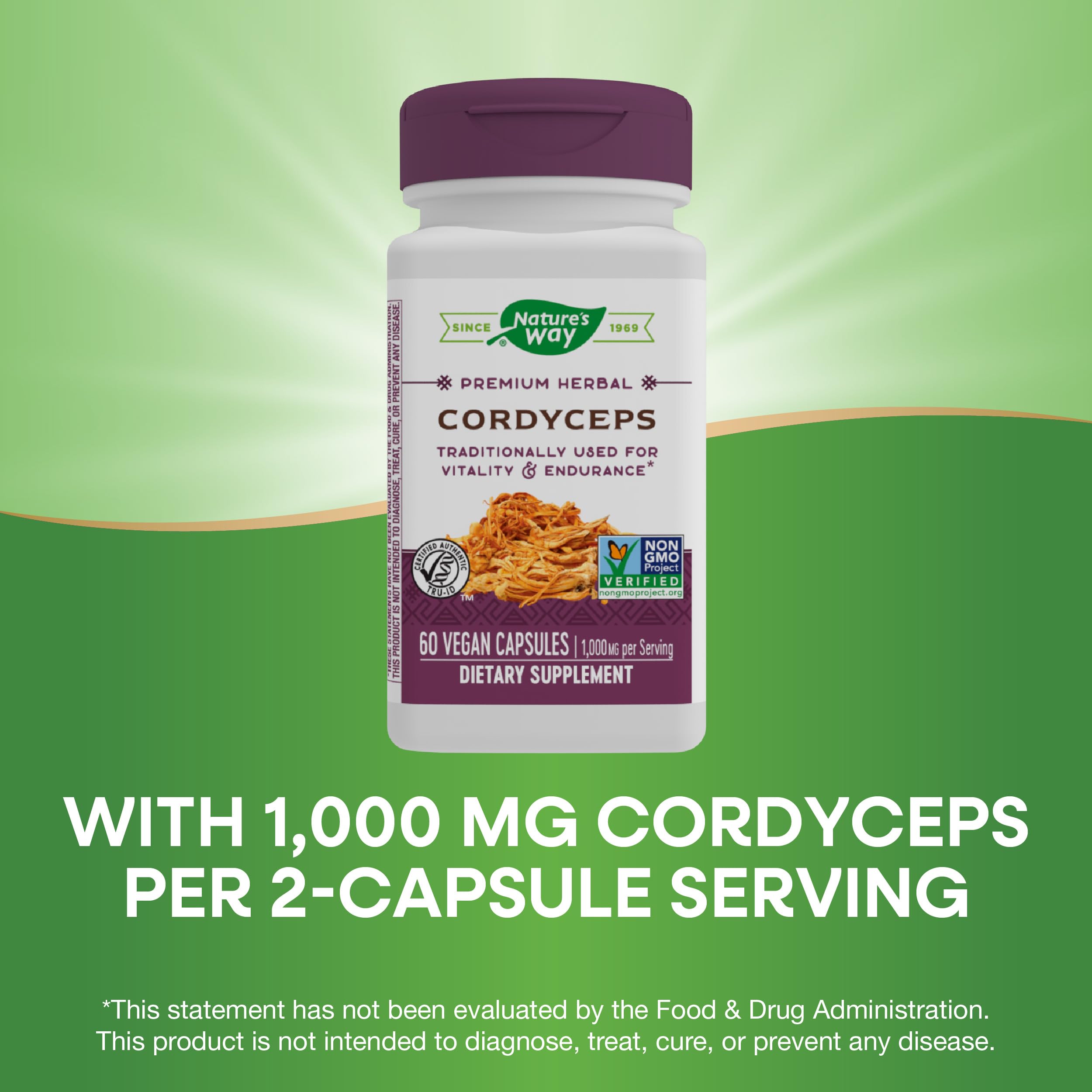 Etiquette Nature's Way Cordyceps : informations claires sur le produit.