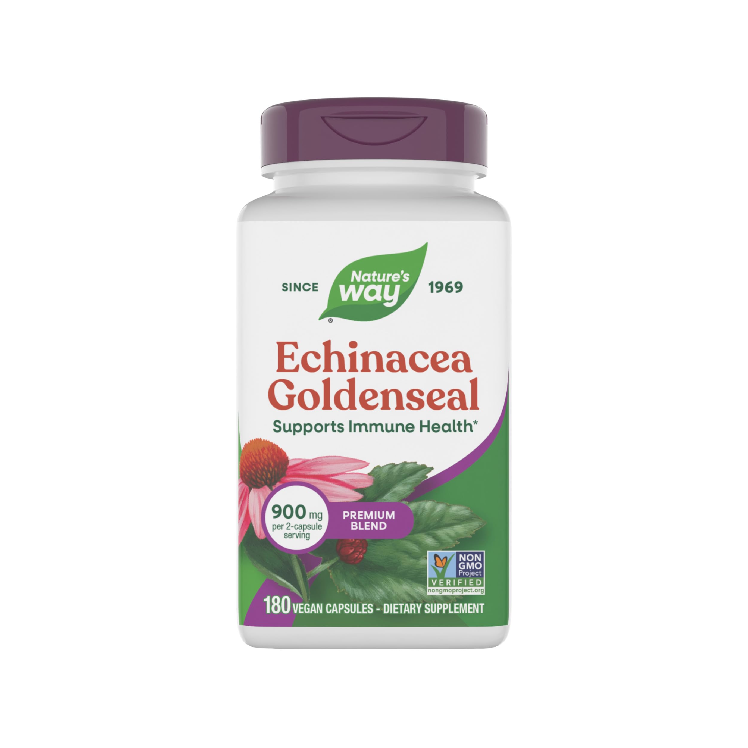 Nature's Way Echinacea Goldenseal – bouteille 180 capsules, soutien potentiel au système immunitaire.