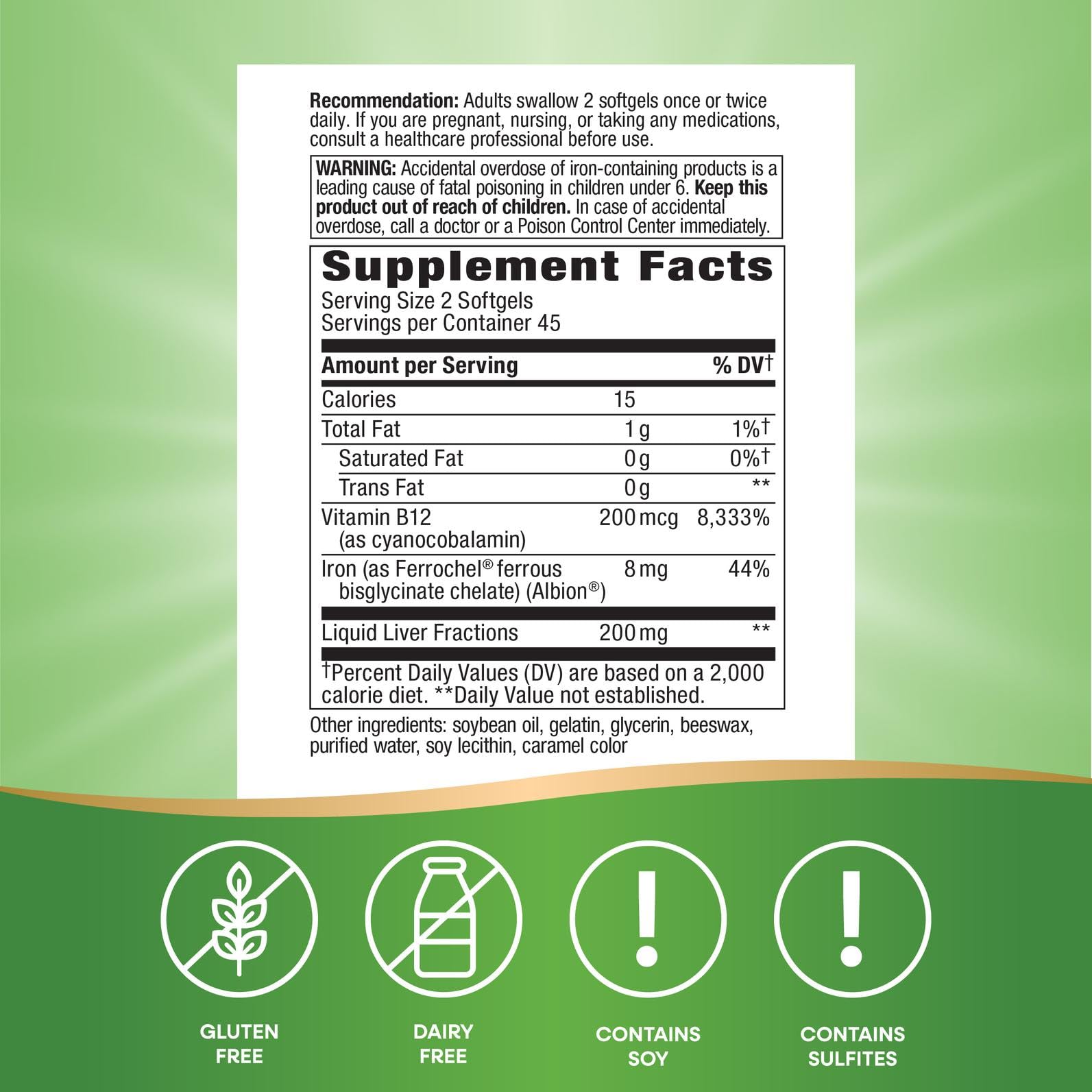 Nature's Way Energizing Iron: posologie recommandée de 2 gélules 1–2 fois par jour.