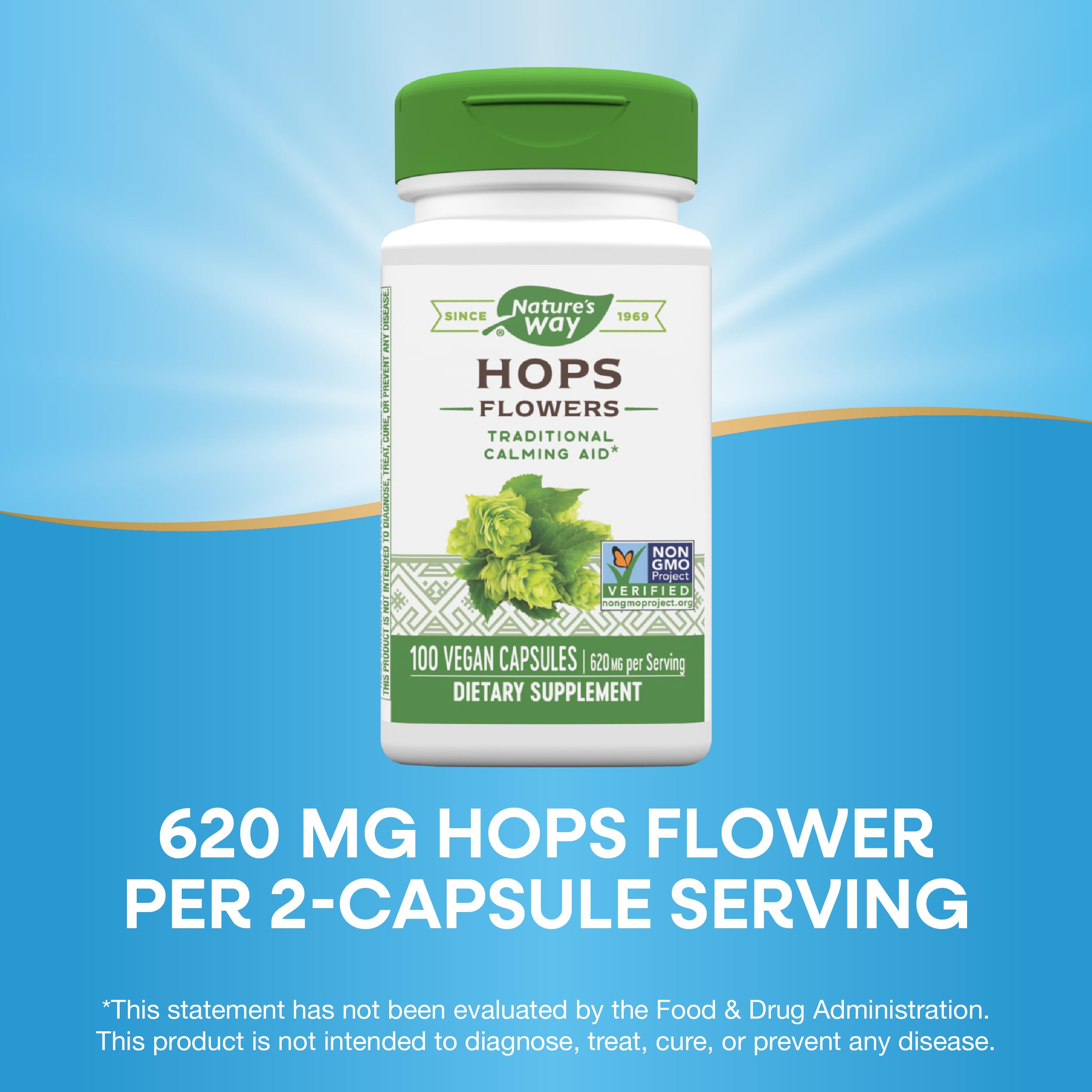 Nature's Way Fleurs d'Houblon – étiquette sans OGM vérifiée.