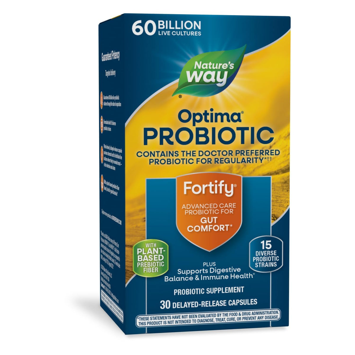 Nature's Way Fortify Optima – bouteille de probiotiques pour le confort intestinal.