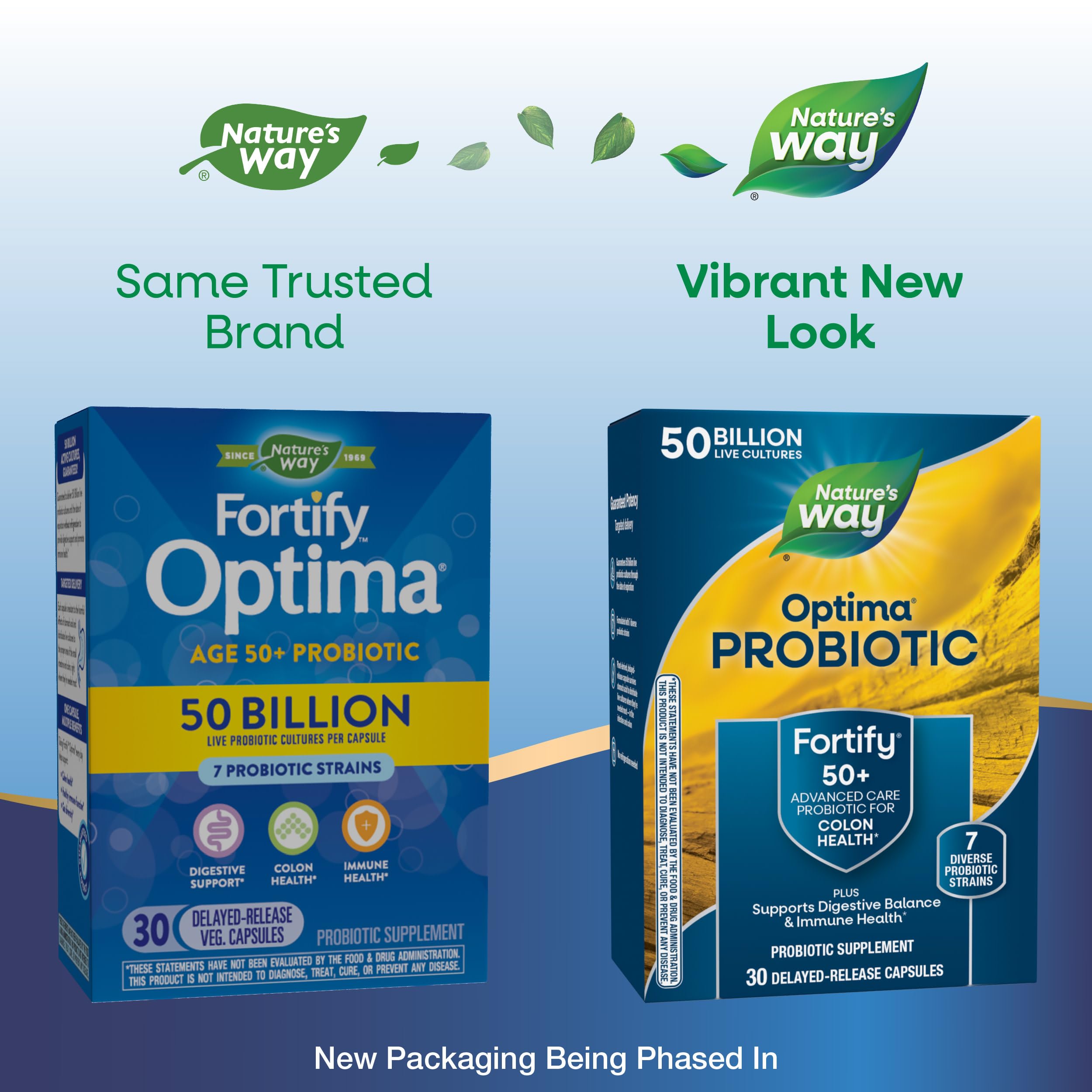 Nature's Way Fortify Optima Probiotic — étiquette frontale indiquant le dosage et le nom.