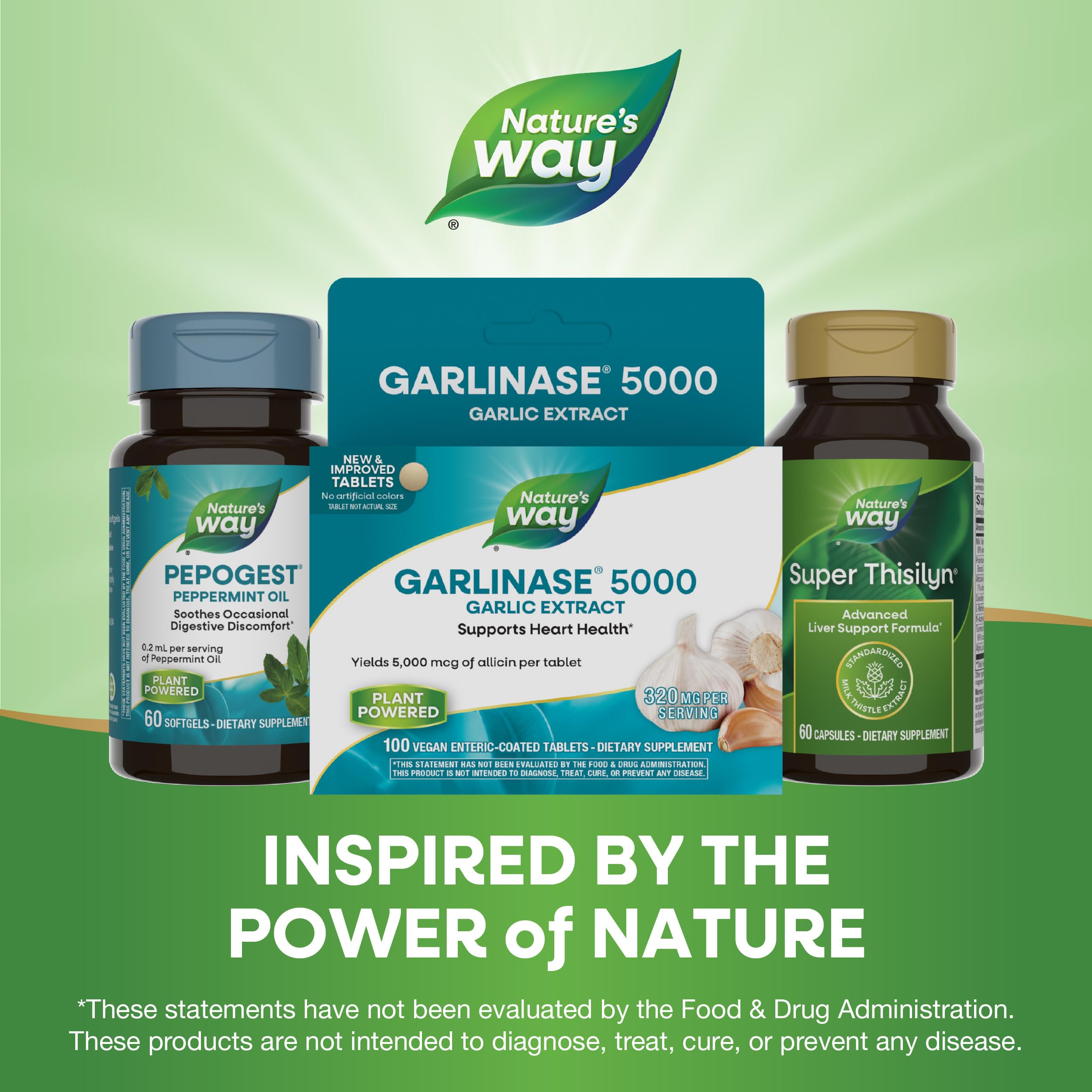 Nature's Way Garlinase 5000 – emballage et étiquette mettant en valeur la version vegan sans gluten.