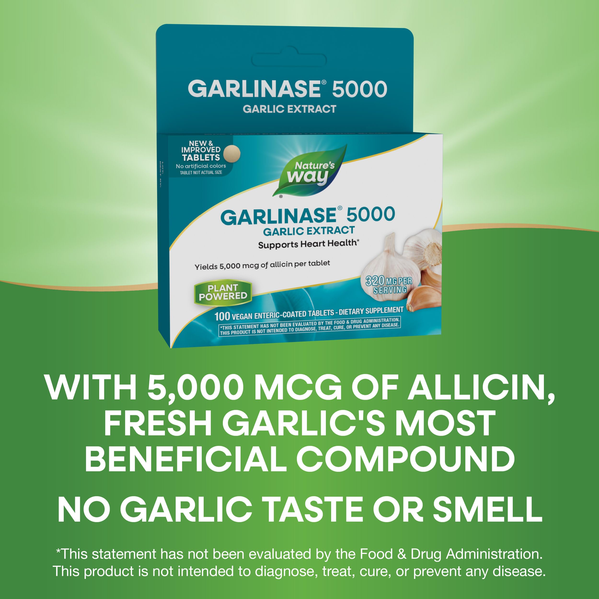 Nature's Way Garlinase 5000 – prise quotidienne avec repas recommandée.