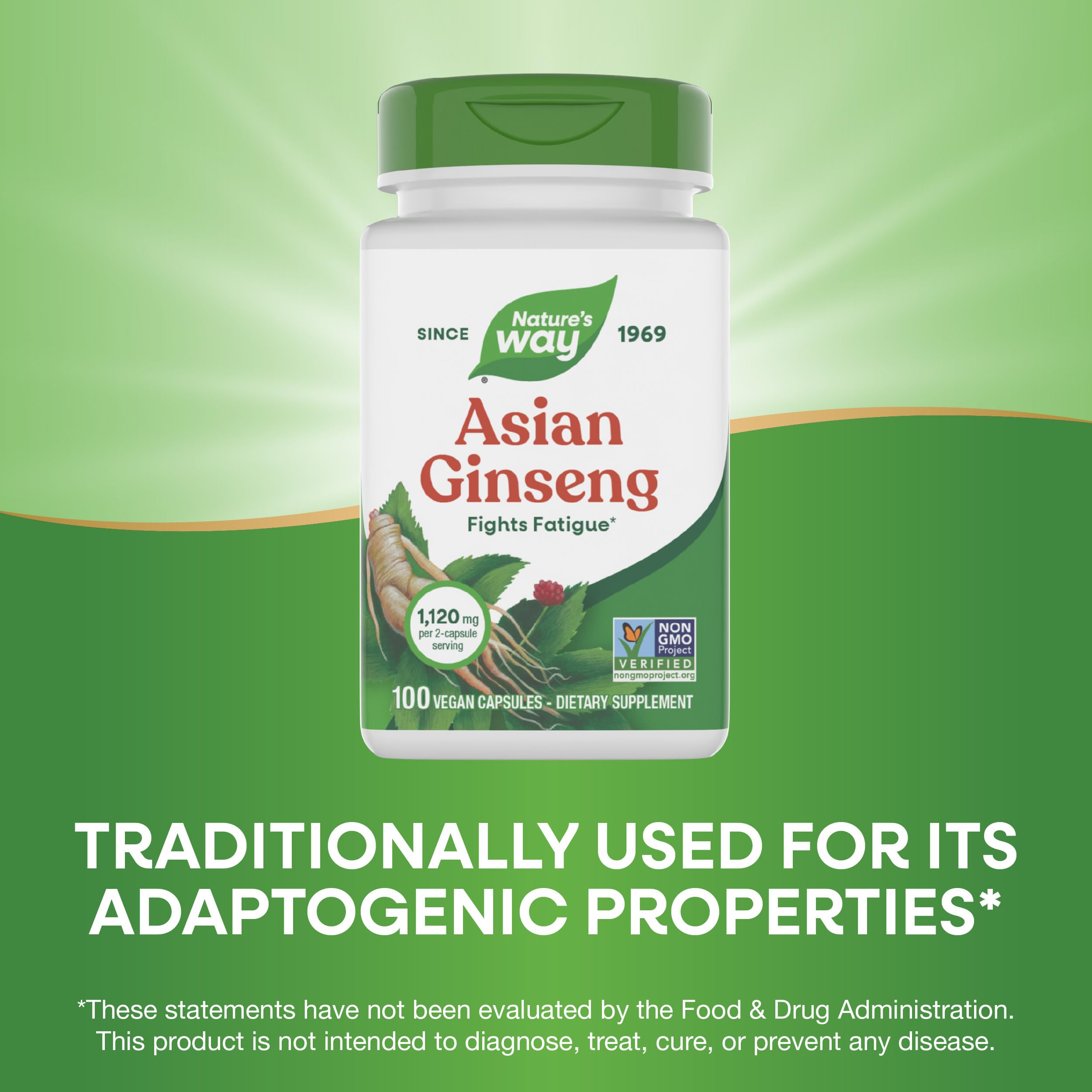 Nature's Way Ginseng asiatique – dosage quotidien recommandé de deux capsules par jour.