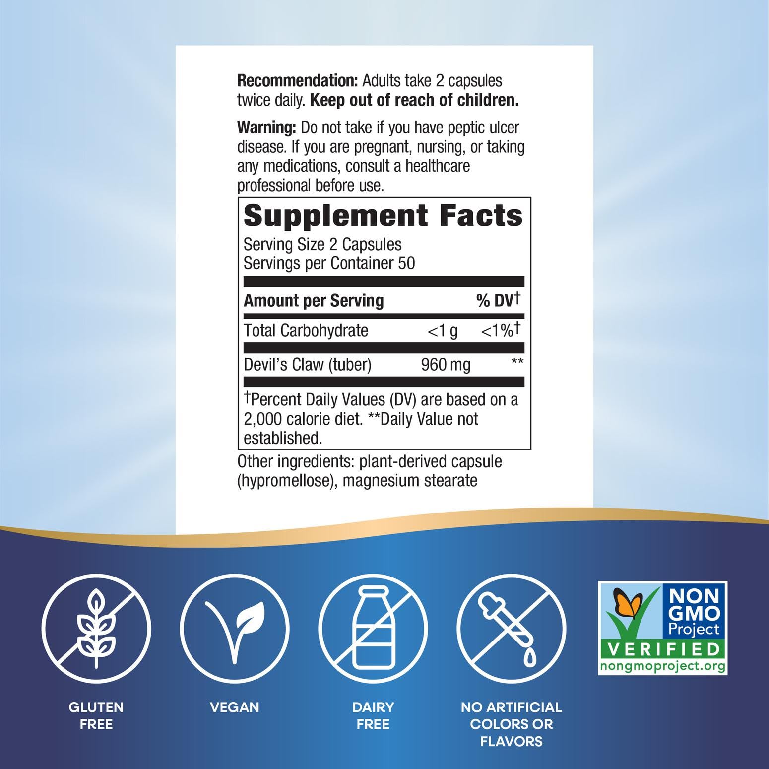 Nature's Way Griffe du Diable Tableau Nutritionnel – ingrédients visibles et responsables.