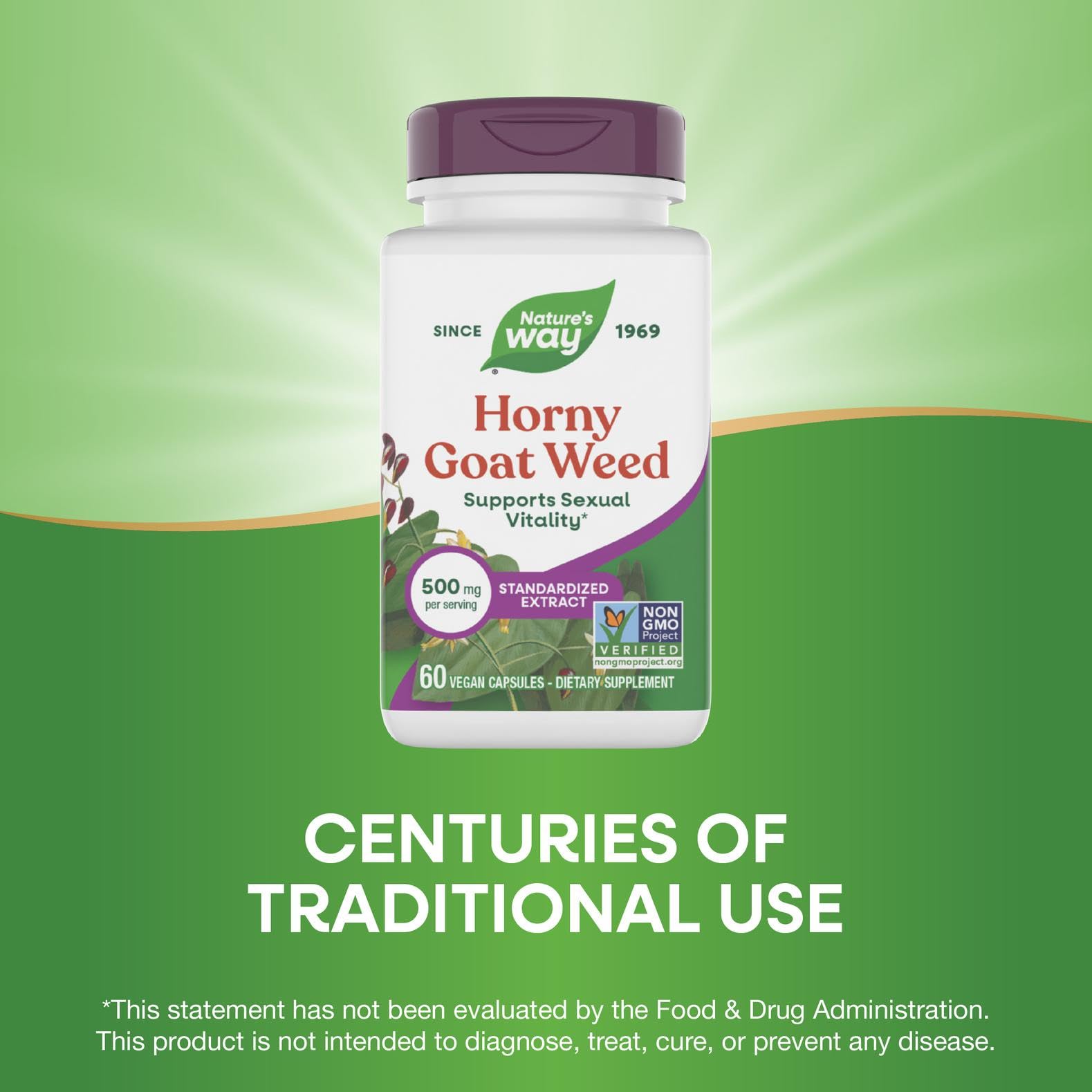 Nature's Way Horny Goat Weed Premium Extrait – étiquette Non-GMO clairement vérifiée.