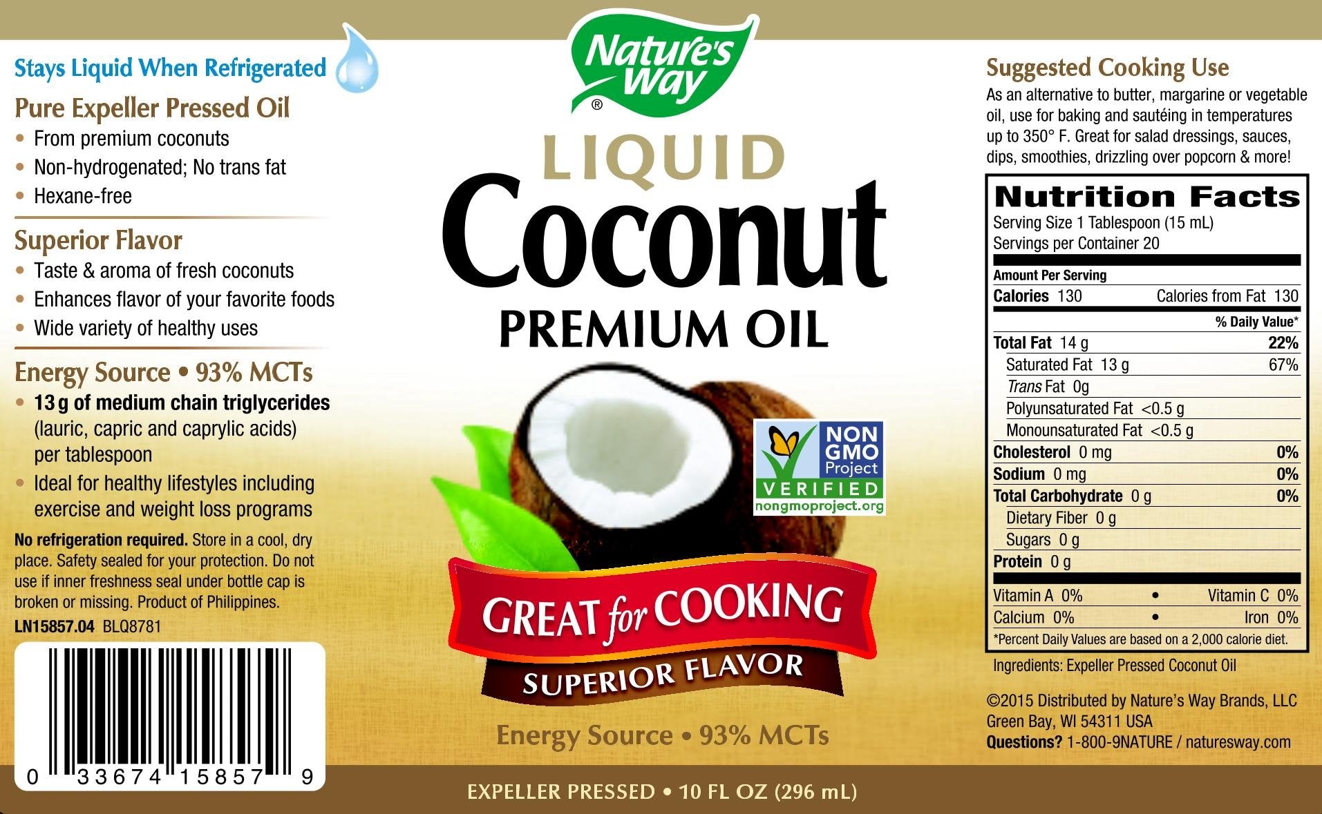 Nature's Way huile coco liquide utilisée pour cuisson jusqu'à 350 °F, pratique et polyvalente.