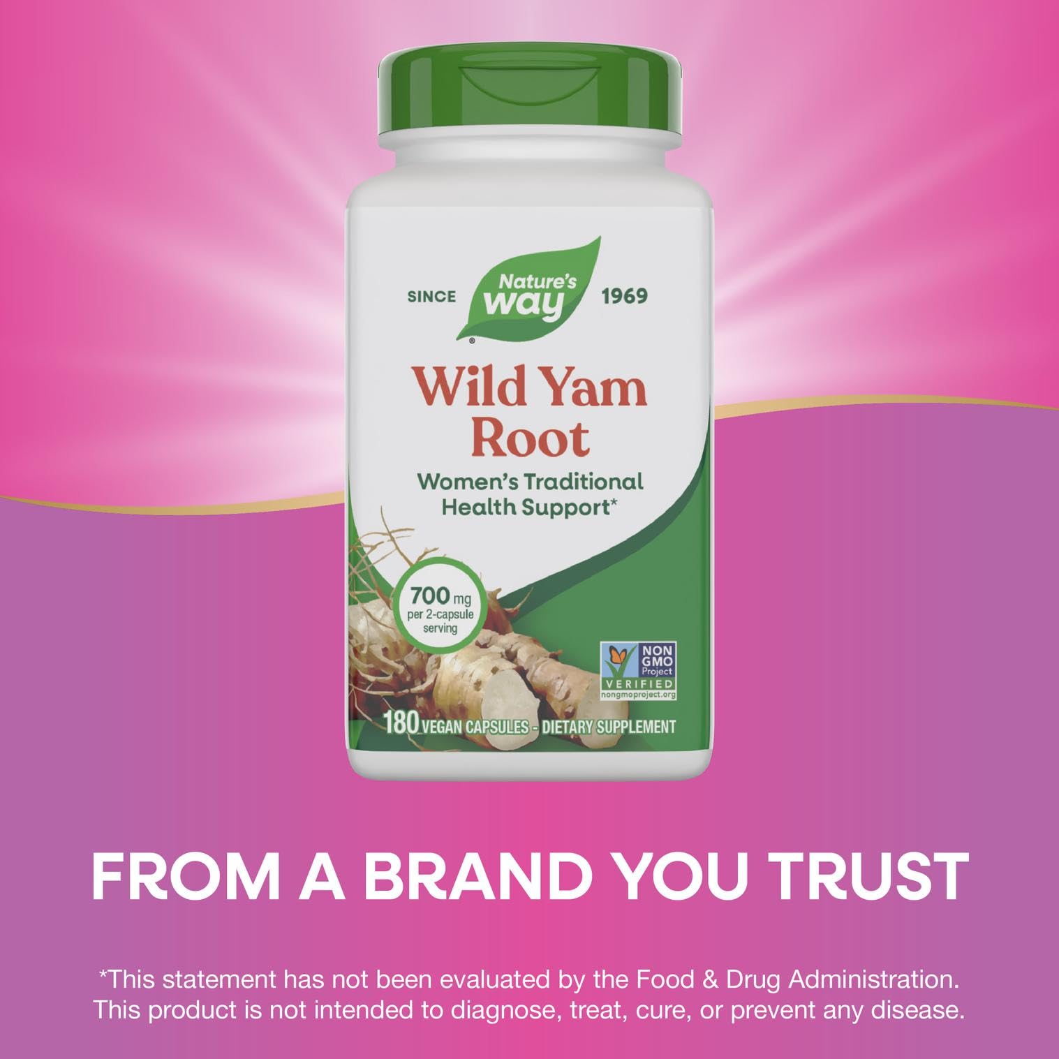 Nature's Way igname sauvage, dose quotidienne proposée, utilisation simple avec repas.