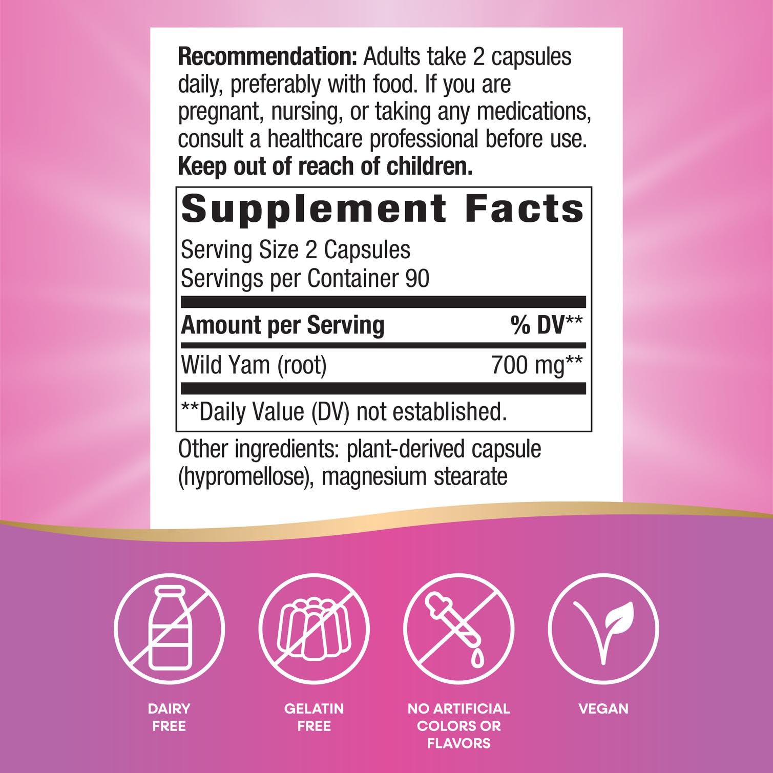 Nature's Way igname sauvage, gélules, dosage quotidien potentiel pour le bien-être féminin.
