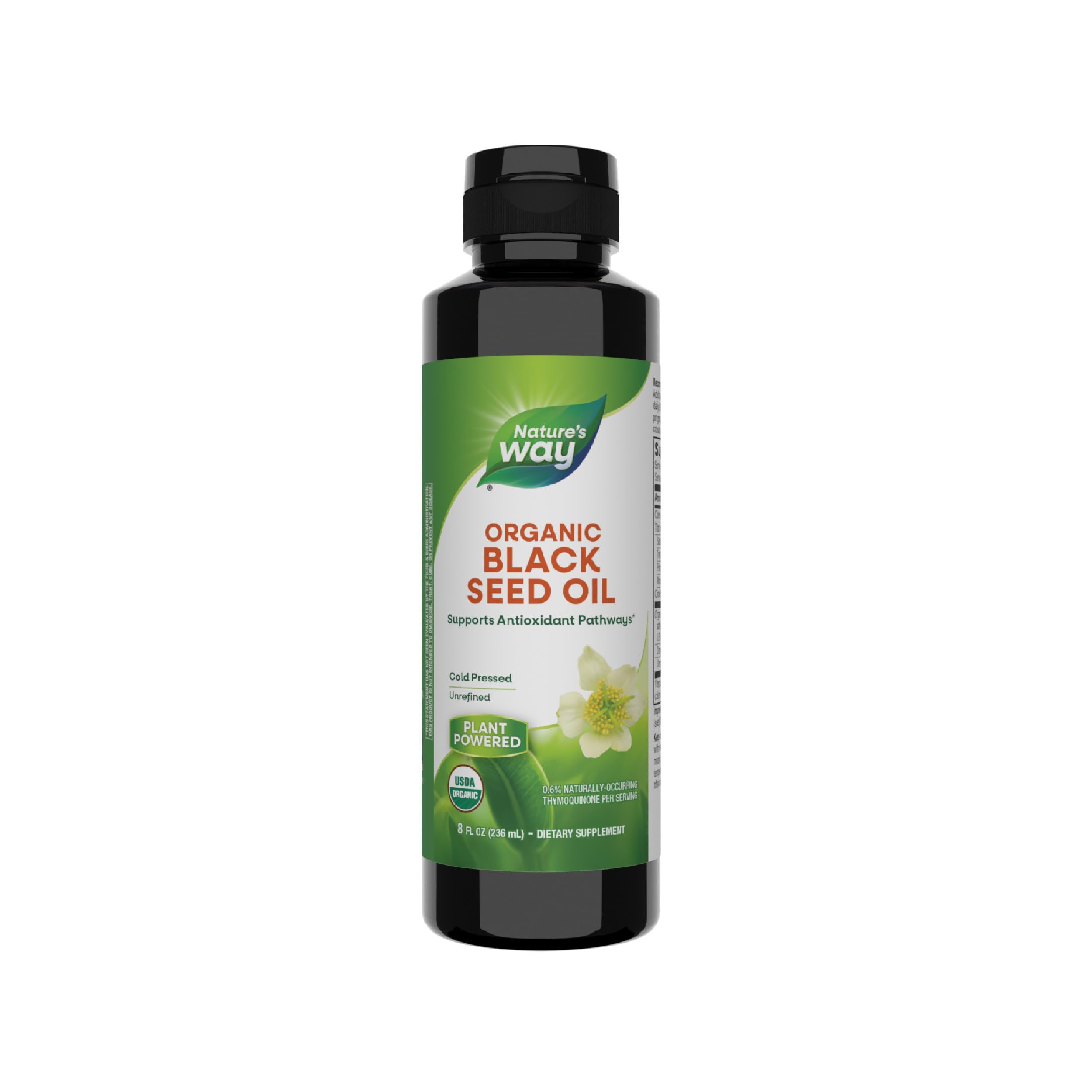 Nature's Way Organic Black Seed Oil dans la bouteille, potentiel soutien des voies antioxydantes.