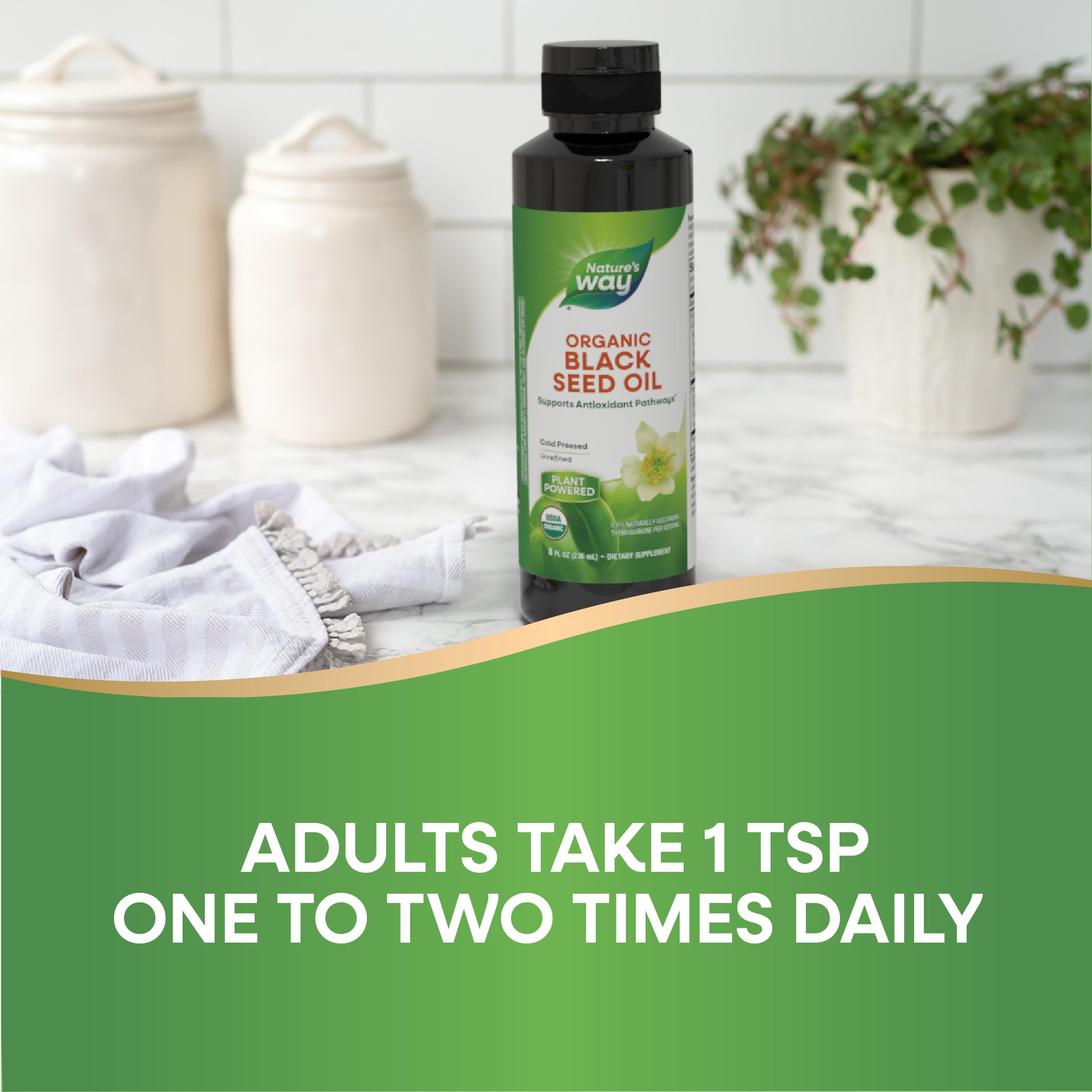 Dose quotidienne recommandée dans le flacon Nature's Way Organic Black Seed Oil.