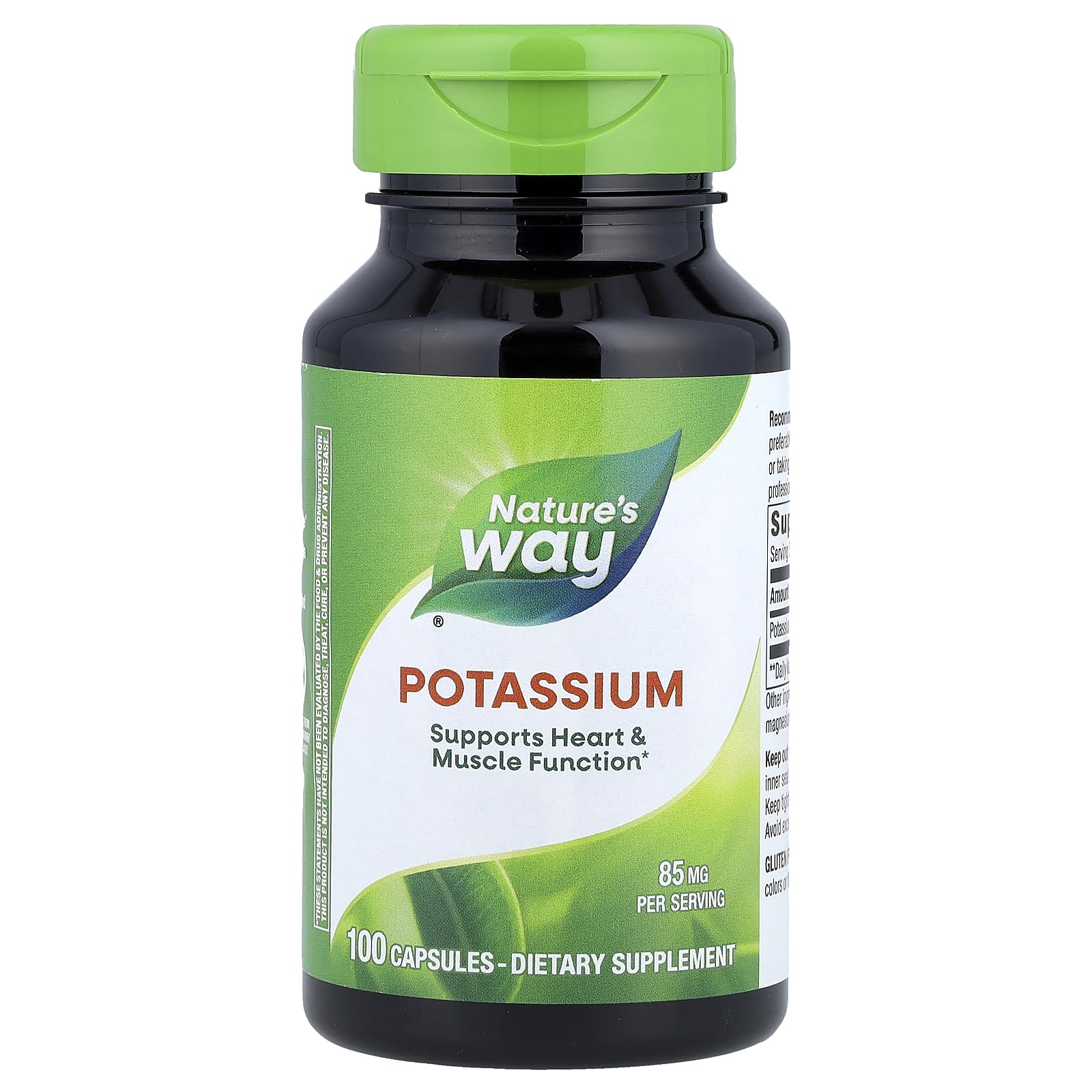 Nature's Way Potassium Chelate - bouteille montrant les capsules et le dosage pratique.