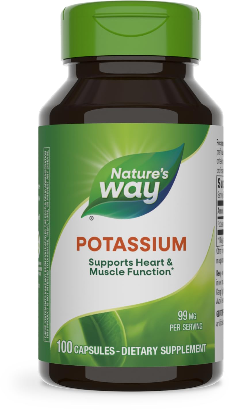 Nature's Way Potassium Complex – bouteille et étiquette, soutient l'équilibre électrolytique et la fonction musculaire.